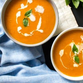 On rainy days where I want to snuggle up on the couch, my go-to soup is this very easy roasted tomato and garlic soup.