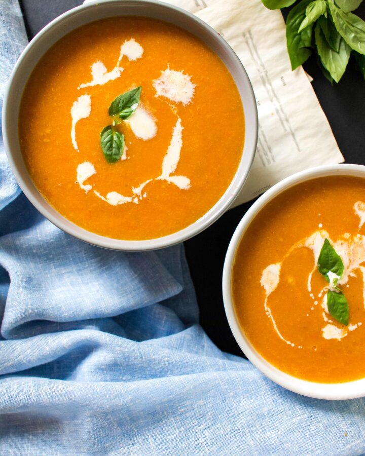 On rainy days where I want to snuggle up on the couch, my go-to soup is this very easy roasted tomato and garlic soup.