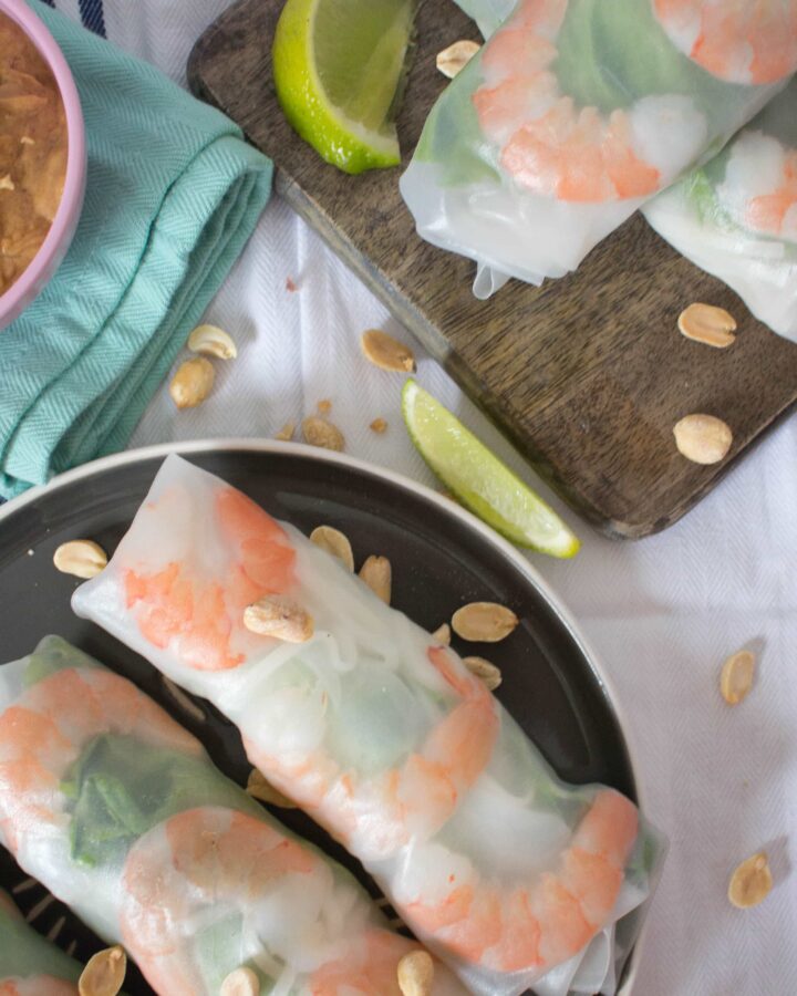 These fresh and healthy Vietnamese Rice Paper Shrimp Rolls are so easy to make! They're accompanied by my go-to creamy peanut sauce.