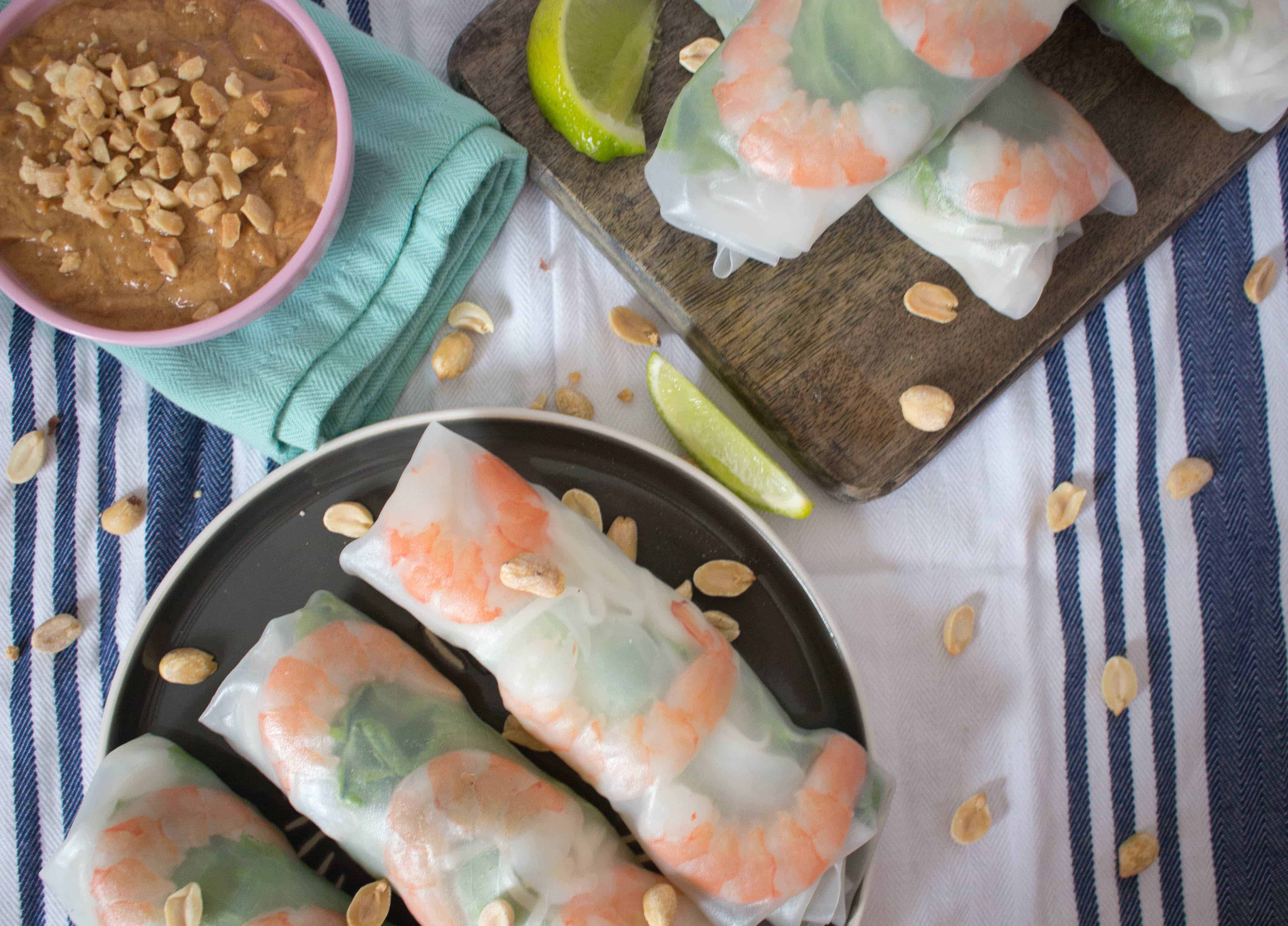These fresh and healthy Vietnamese Rice Paper Shrimp Rolls are so easy to make! They're accompanied by my go-to creamy peanut sauce. 