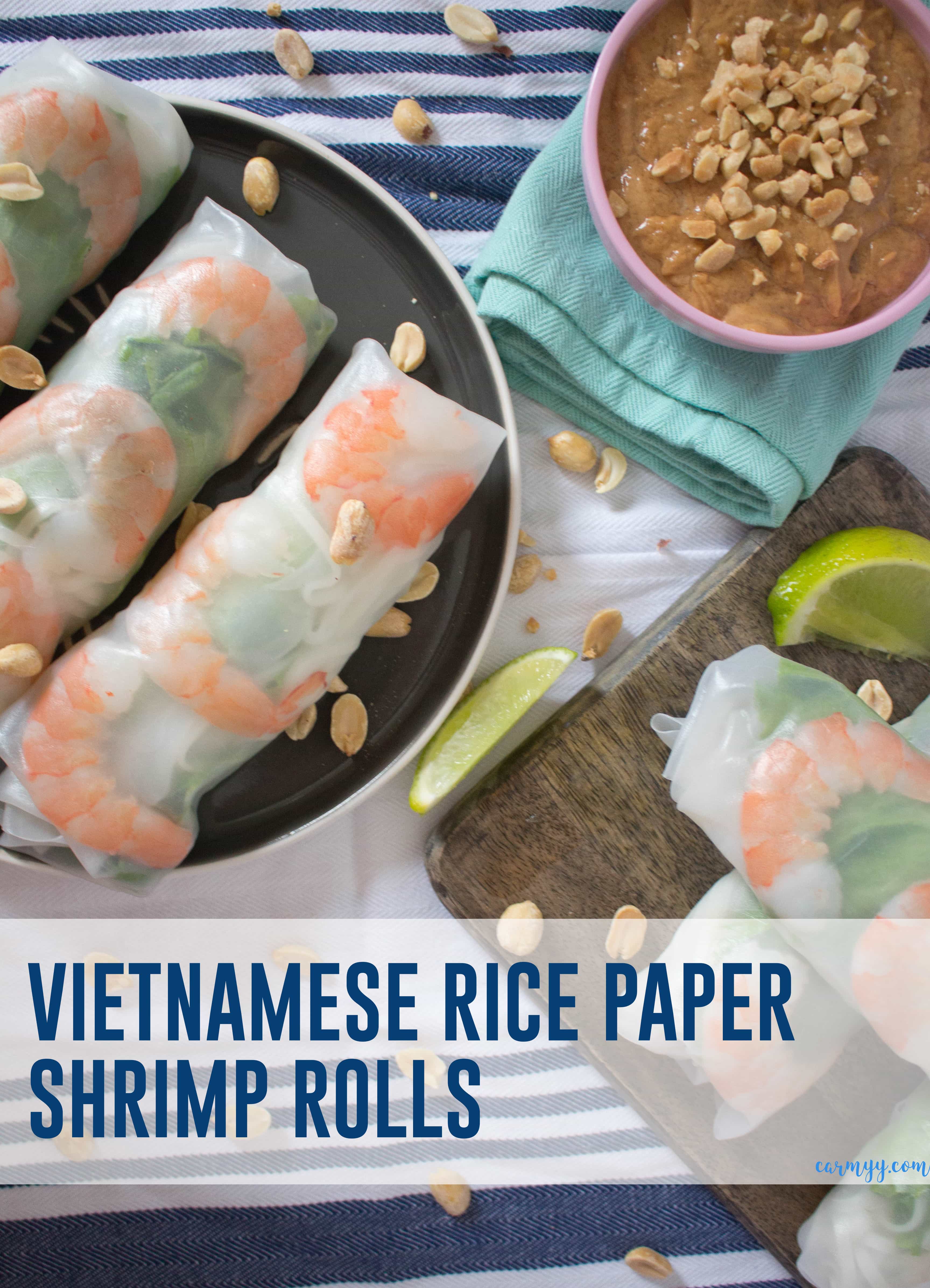These fresh and healthy Vietnamese Rice Paper Shrimp Rolls are so easy to make! They're accompanied by my go-to creamy peanut sauce. #shrimproll #vietnamesefood #easyhealthyrecipe #easyhealthydinner #easyshrimprecipe #healthyrecipe #healthyeasyrecipe