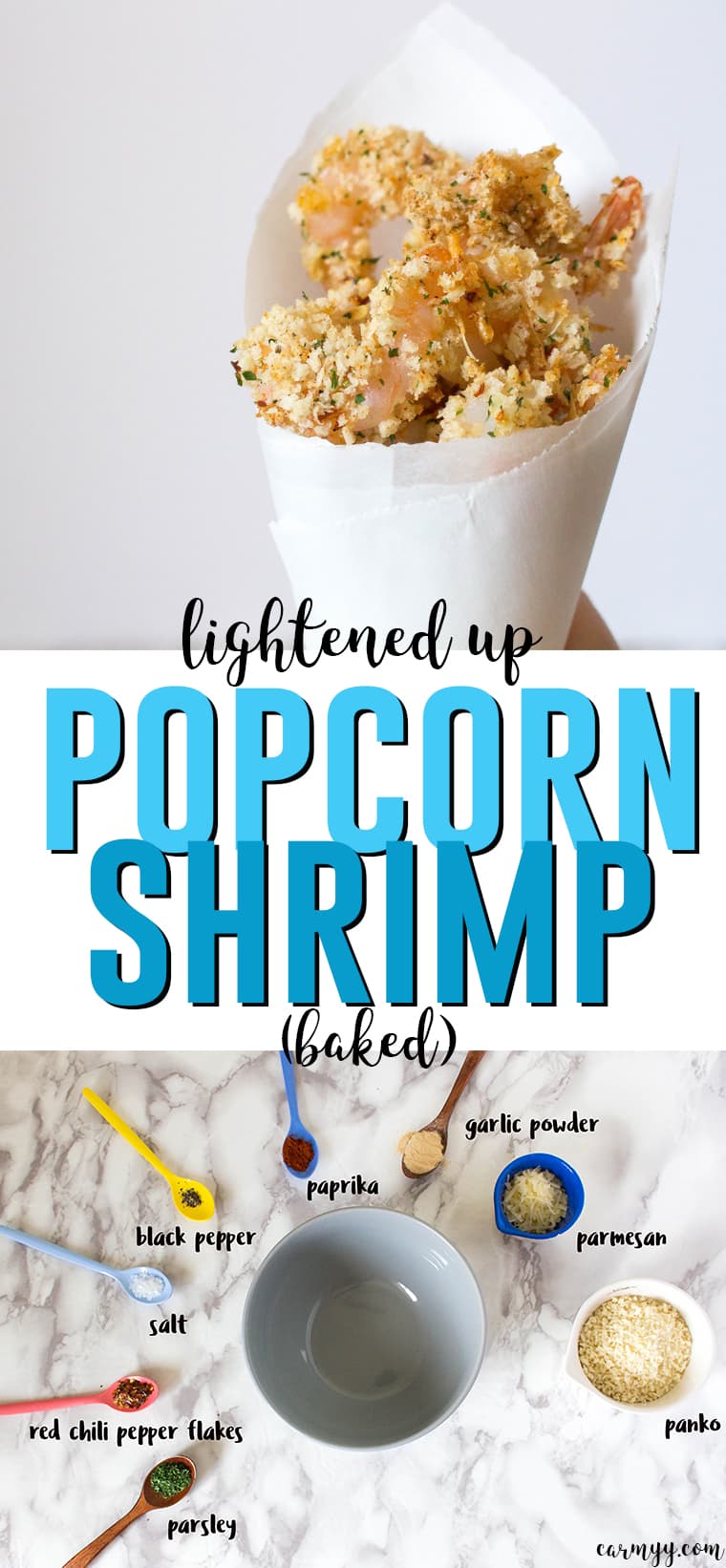 This lightened up baked popcorn shrimp is flavour packed without being calorie packed. Easy to make, lightened up, and crispy!