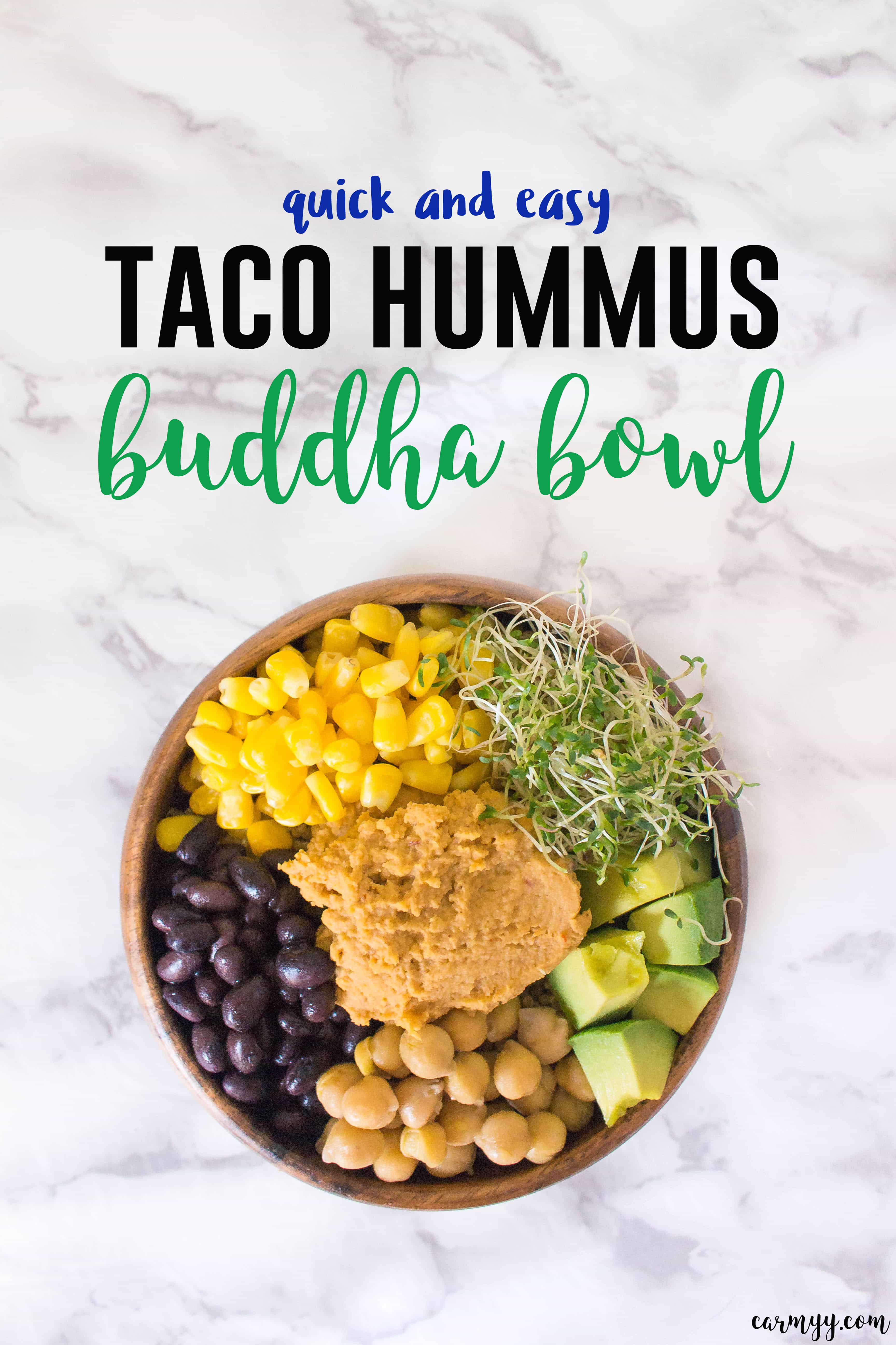 This taco hummus buddha bowl is easy to put together and is jammed packed with healthy ingredients: heaps of corn, beans, alfalfa sprouts, avocado, chickpeas, and hummus served over quinoa. 