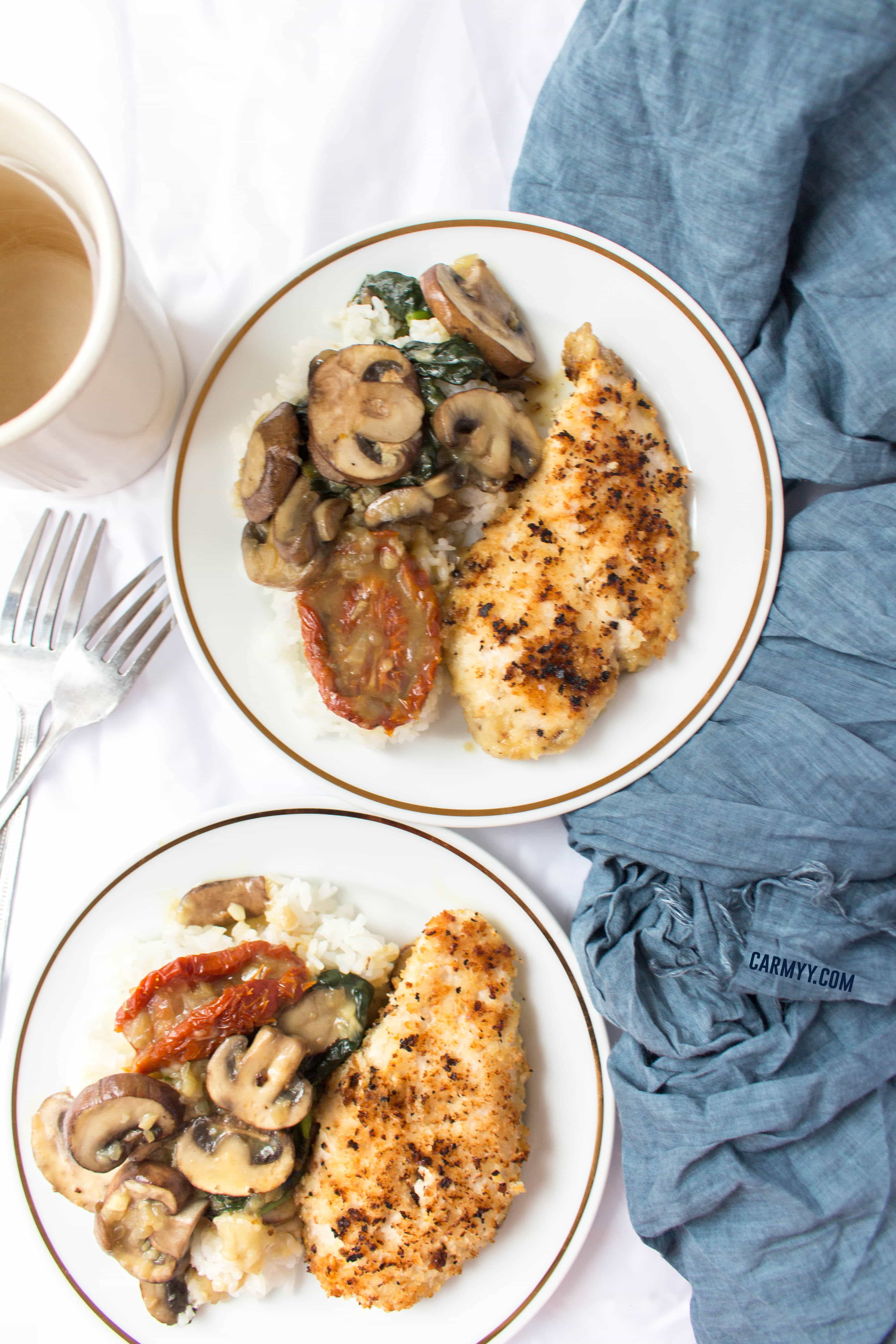This creamy one pot chicken is made with no cream and packed with flavour! Made with a base of mushroom, spinach, and sun dried tomato, this creamy one pot chicken is the perfect recipe for a lazy dinner under an hour.