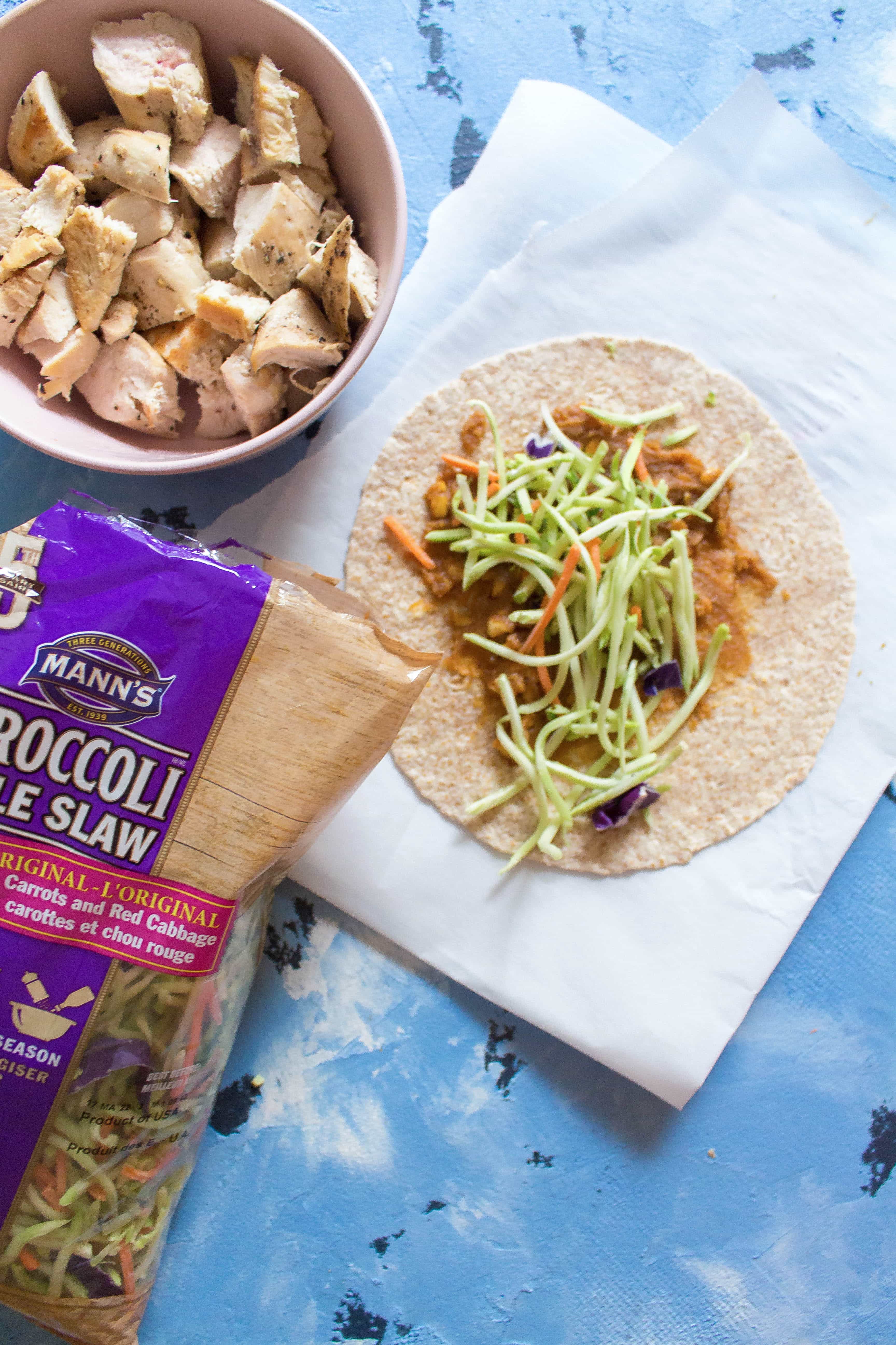 Spicy Peanut Chicken Wraps using broccoli slaw, chicken wrap recipes for lunch 
