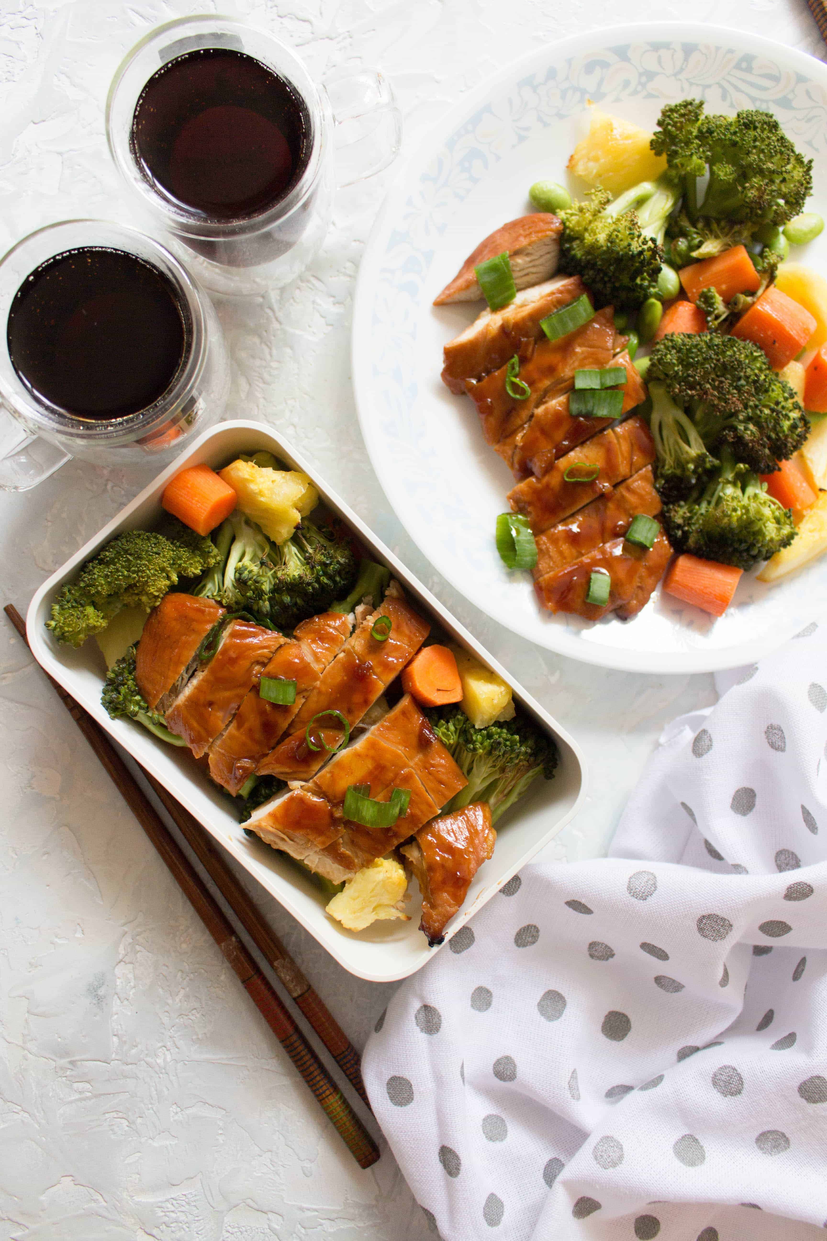 This Sheet Pan Chicken Teriyaki with Veggies and Pineapple Meal Prep (no sesame) is the healthier homemade version of the popular chicken teriyaki takeout! A pan of juicy chicken with a sweet and tangy sauce alongside roasted vegetables and pineapple!