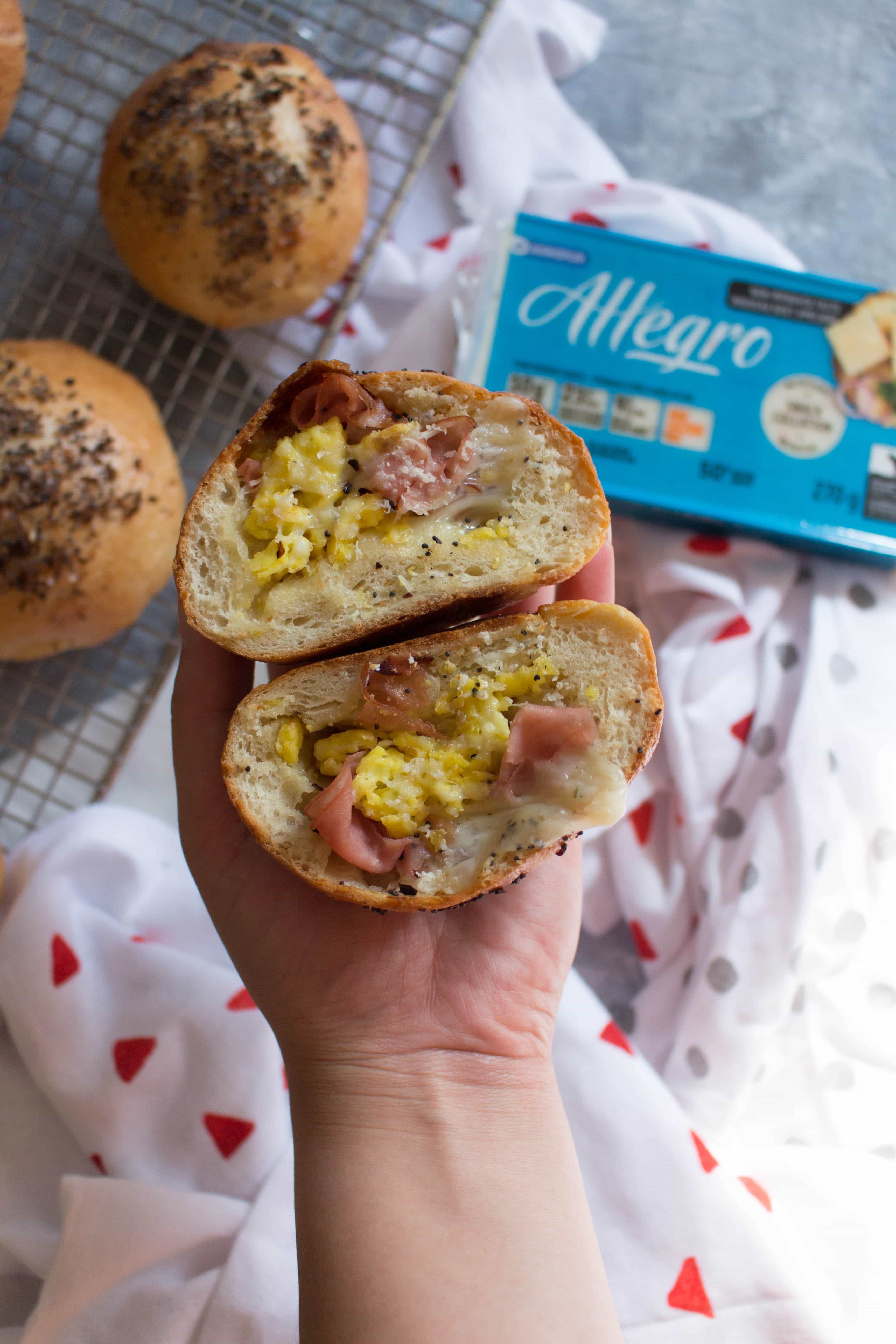 Freezer Friendly Ham, Egg, and Cheese Bagel Bombs filling