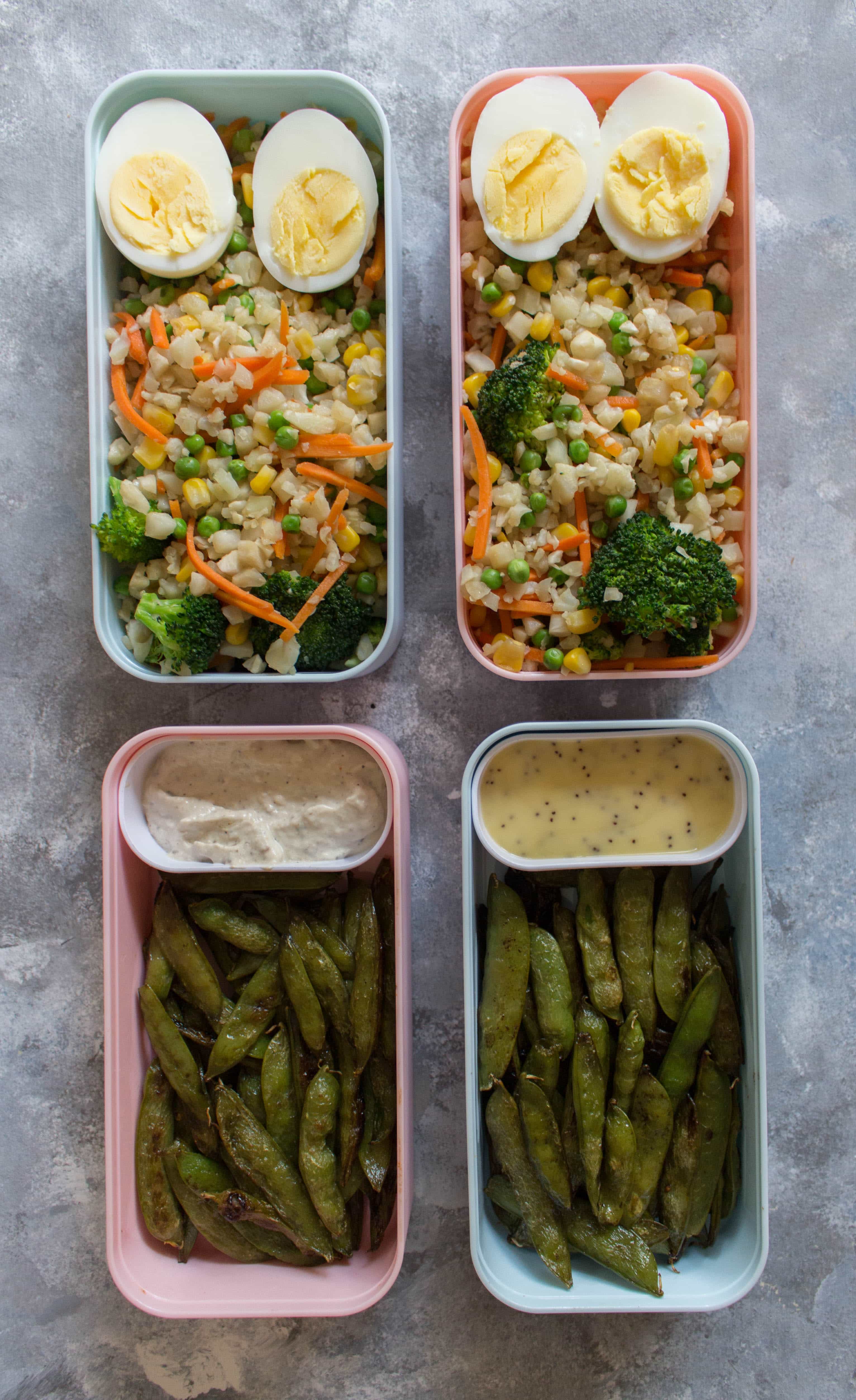 bento box Healthy Cauliflower Rice with Baked Snap Peas meal prep
