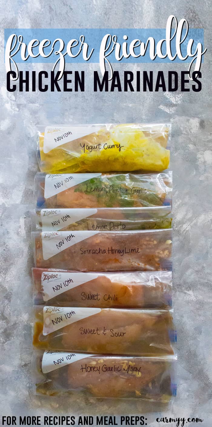 Freezer Friendly Chicken Marinades: Grab it from the freezer and let it thaw out in the fridge while you're at work! Marinades are amazing at turning meat into flavourful, moist meals that can be stored in your freezer for up to four months. #freezerfriendlymeals #freezerfriendly #freezerfriendlyrecipes #marinades