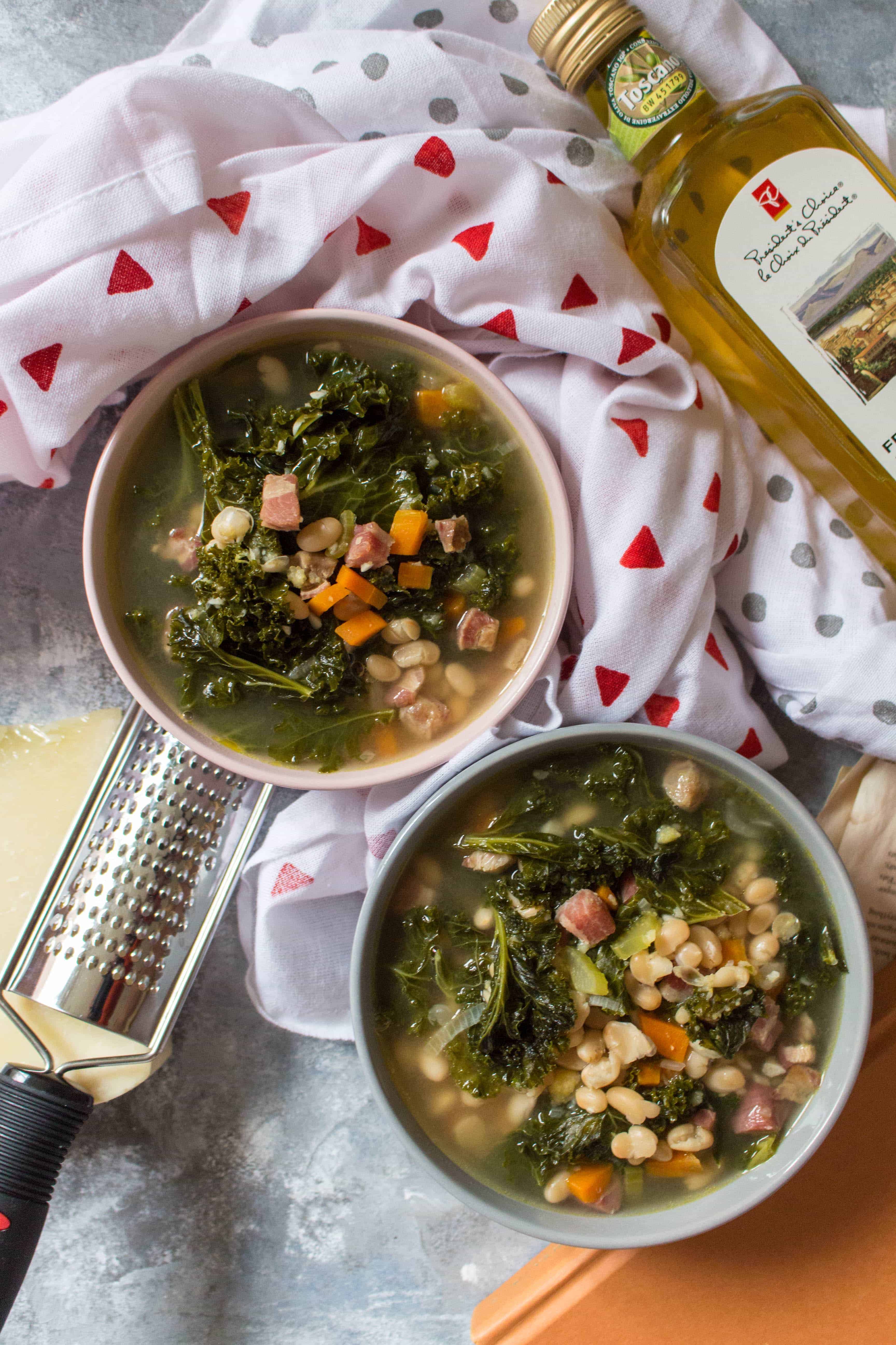 This hearty tuscan white bean, kale, pancetta, and polenta soup is so easy to make and is perfect to cozy up to on a cool fall day.