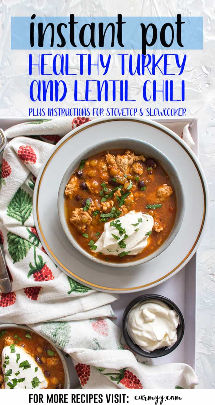 This Healthy Instant Pot Turkey and Lentil Chili Recipe is the perfect meal for any night of the week! The turkey keeps the calories low and the extra boost of lentils in the chili helps keeps you feeling full. #turkey #chili #chilli #lentils #healthy #healthyrecipes