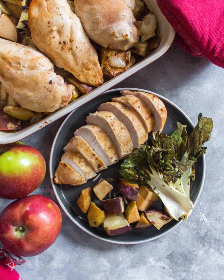 Infused with a delicious sweet apple flavour, this Sweet Miso Apple Chicken with Roasted Bok Choy and Sweet Potatoes is sure to give your dinner a fresh new twist! #easydinner #deliciousdinners