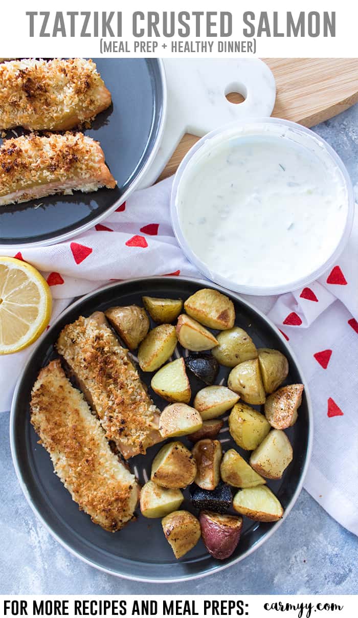 This delicious Tzatziki Crusted Salmon with Panko is baked to perfection! This Tzatziki Crusted Salmon is perfect for a healthy weeknight dinner and lunch meal prep with the leftovers. #mealprep #salmon #healthyrecipes