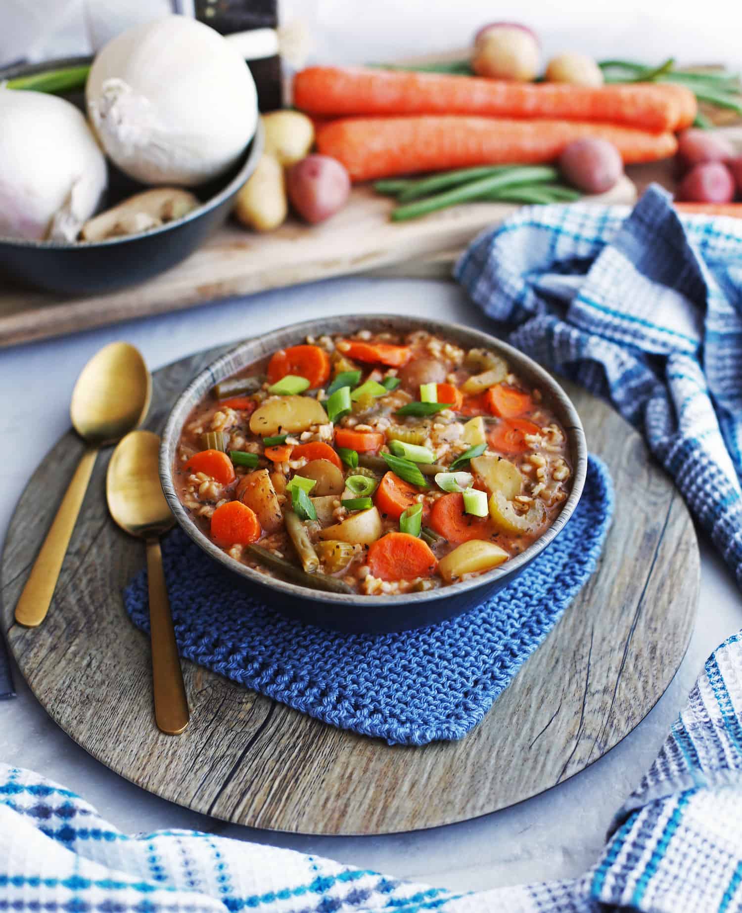 Delicious, comforting, and filling. This soup is full of healthy fresh vegetables and fiber-rich brown rice! It’s vegan and gluten-free too.