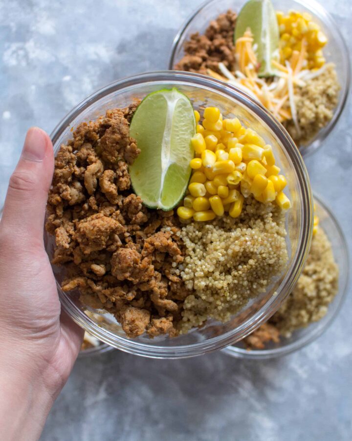 A healthier version of the popular taco bowls for lunch, this healthy turkey taco bowl meal prep will have you reaching for seconds! Made in under 30 minutes, it's simple but delicious!