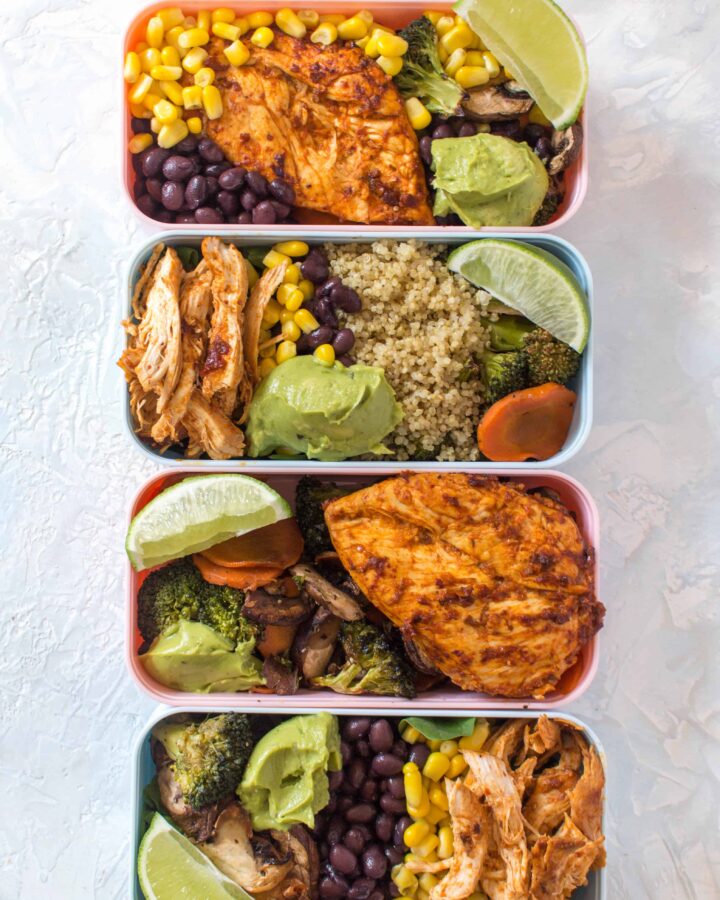 Looking for a little more variety in your weekly meal prep? This chipotle chicken meal prep 4 ways is simple but changes slightly between each dish so you don't have to eat the same exact lunch 4 days in a row without having to do additional work!