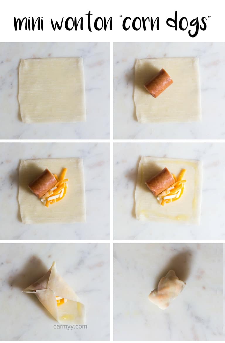 Step by step on how to fold mini wonton corn dogs.