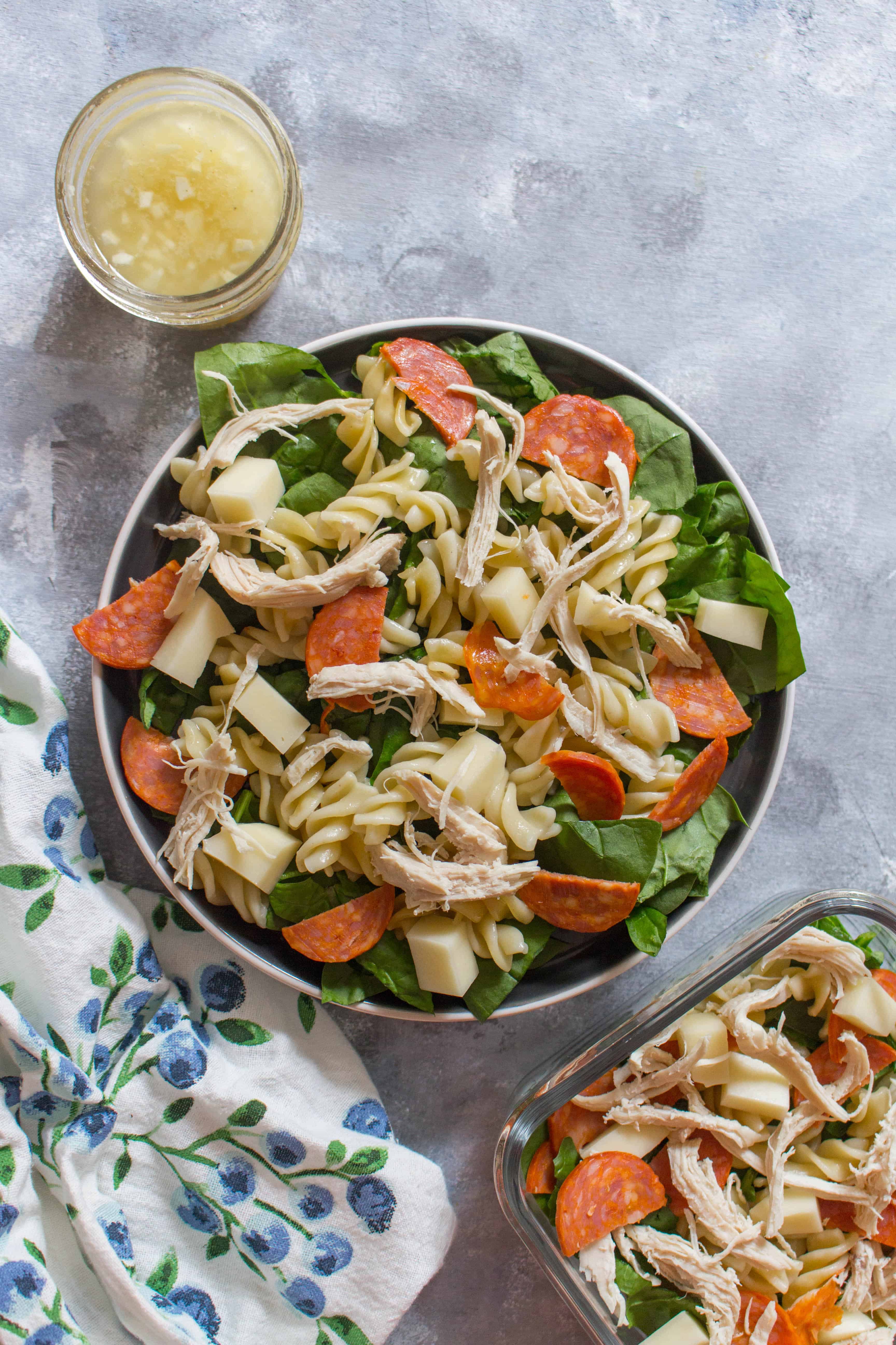 Perfect for hot summer days, this easy chicken pepperoni pasta salad is just what you need! Plus, this pasta salad is great for meal preps if you have don't have access to a microwave.