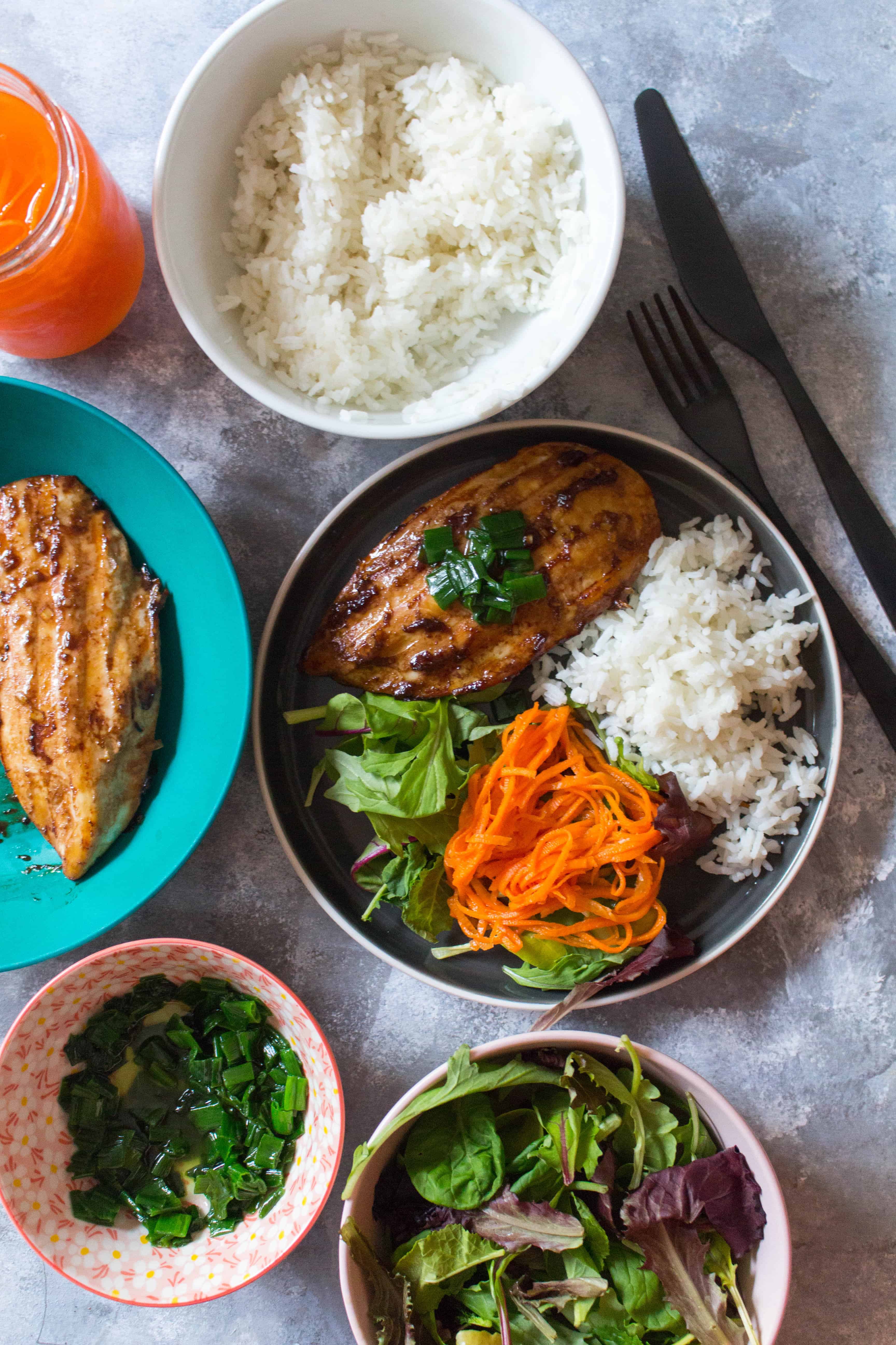 Vietnamese Rice Bowls with Grilled Chicken and Pickled Vegetables