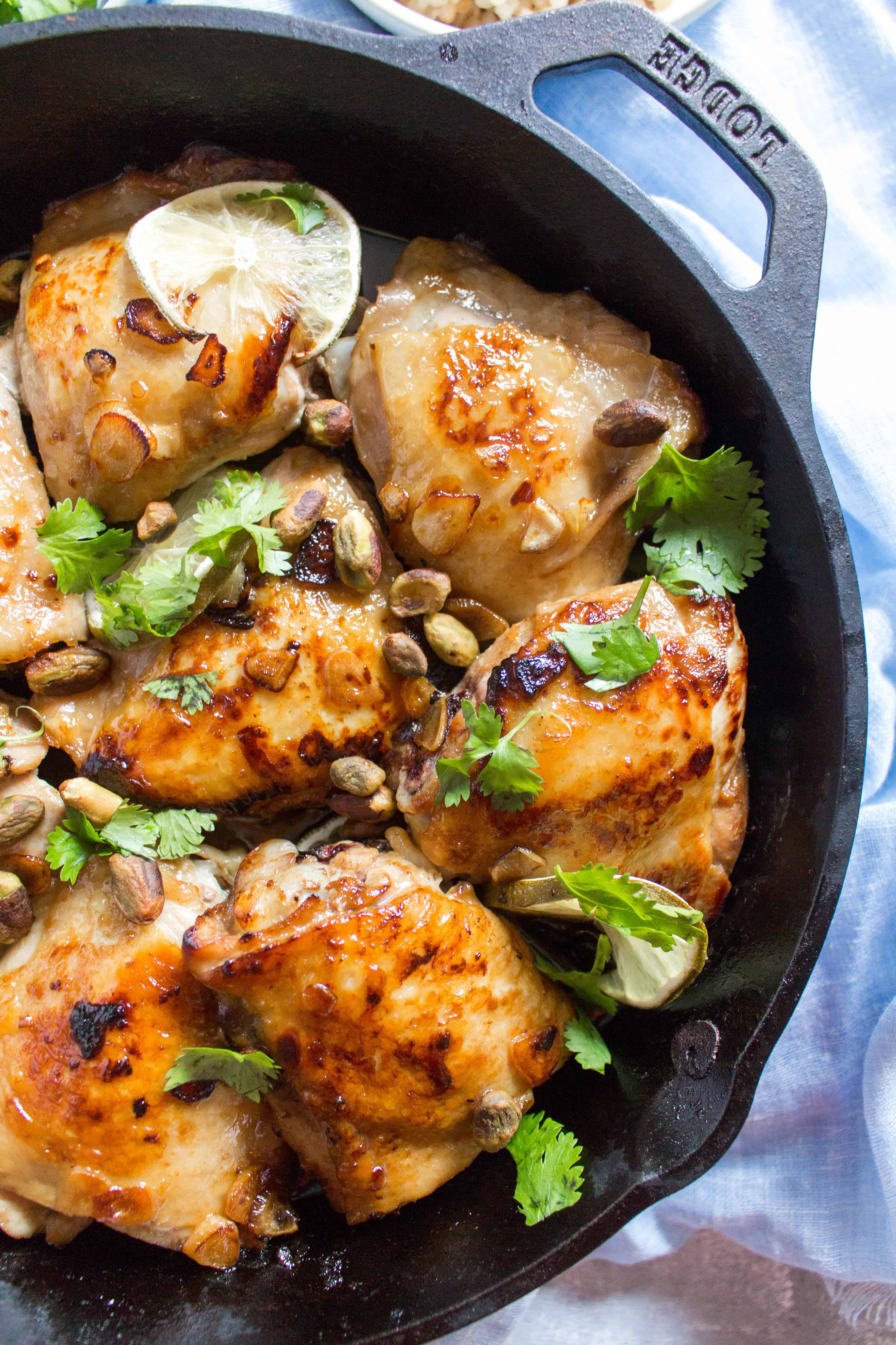 Made in one pan and ready in 30 minutes, this Honey Lime Garlic Chicken with Pistachios is the perfect easy chicken dinner! Packed with flavour, this Honey Lime Garlic Chicken is just delightful! 