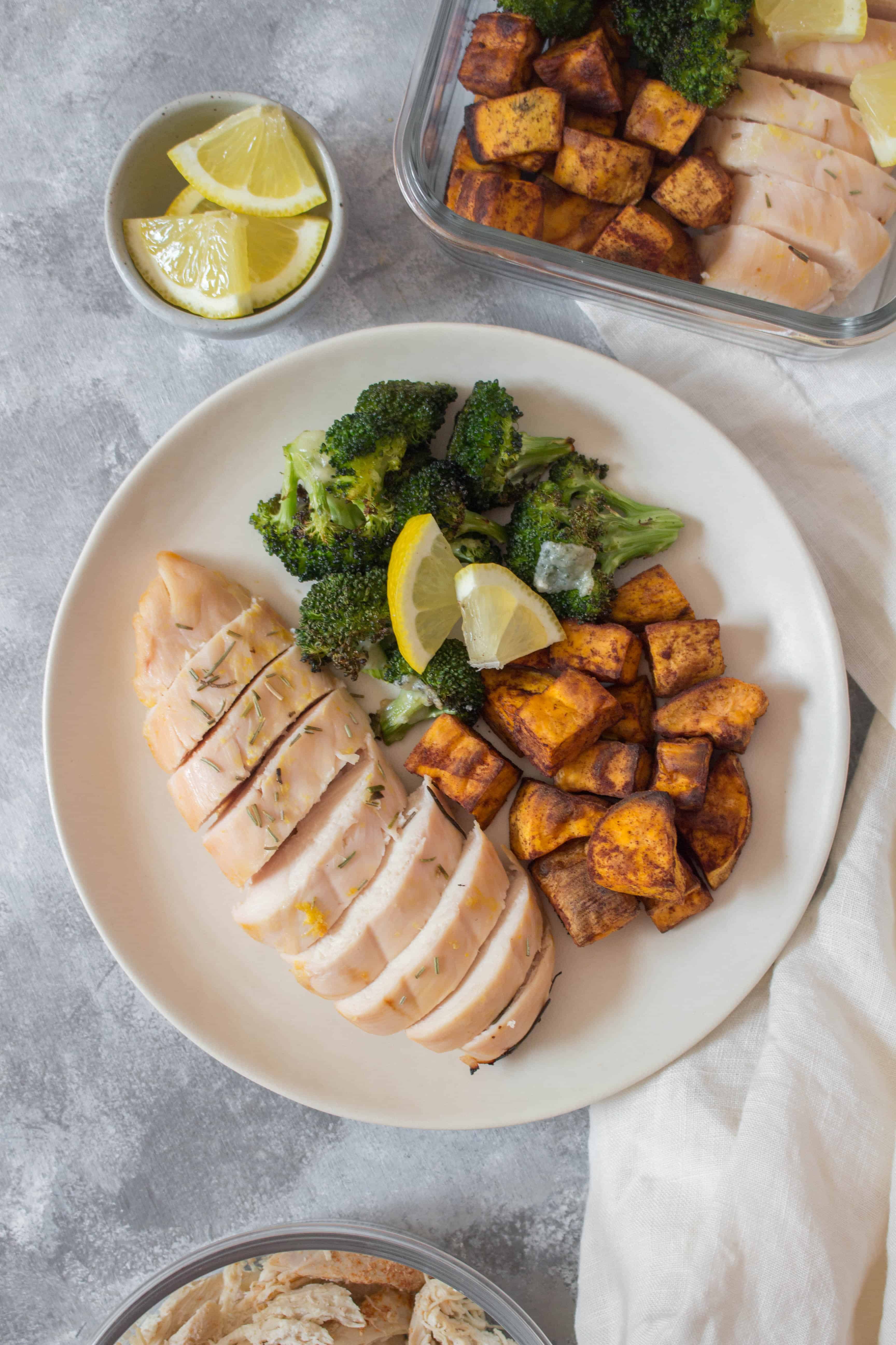 This Rosemary Citrus Chicken Meal Prep is such a refreshing dish - it is so light and the acid gives it such a fresh flavour. Made with a combination of lemon, lime, orange juice, and rosemary, you’re going to look forward to lunch! Plus, when served with a side of cinnamon roasted sweet potatoes and parmesan broccoli, this meal prep will make you excited for your work day.