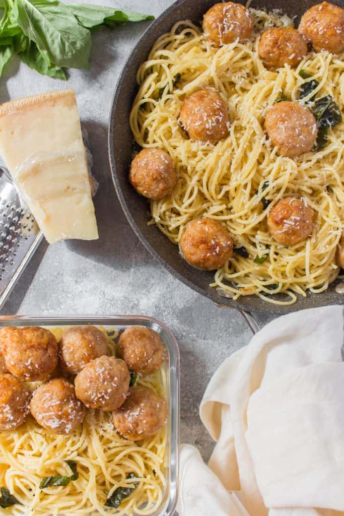 Lemon Garlic Basil Butter Spaghetti with Chicken Meatballs Carmy