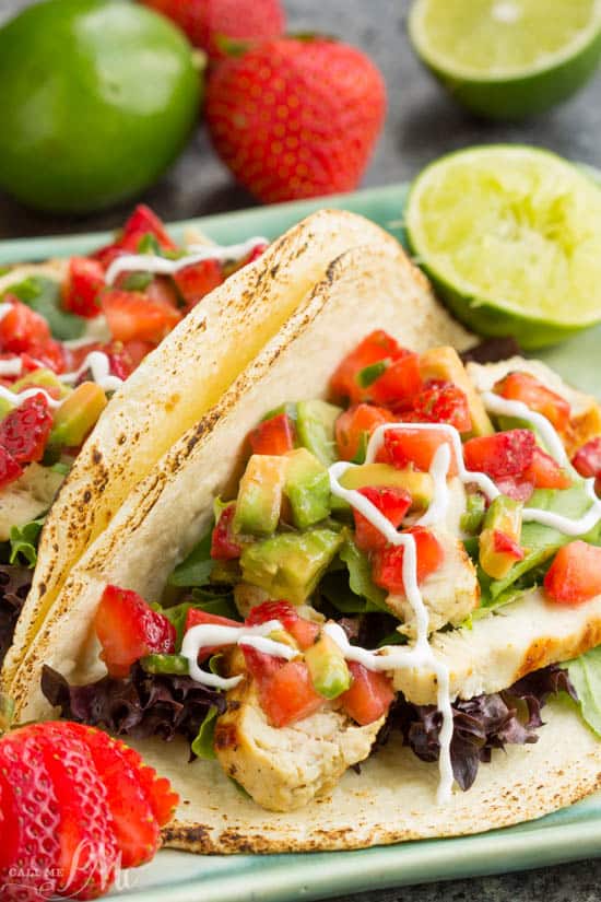 Mojito Grilled Chicken Tacos recipe with Strawberry Avocado Salsa is light and refreshing. A simple and easy marinade gives this Mojito Grilled Chicken an incredible flavor! Bright strawberry and creamy avocado make a unique texture and flavor combination and the perfect way to top your Mojito Grilled Chicken Tacos!