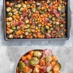 Looking for an easy holiday side dish? This Easy Roasted Brussels Sprouts with Sweet Potato, Bacon, and Almonds takes seconds to prep and goes with everything!