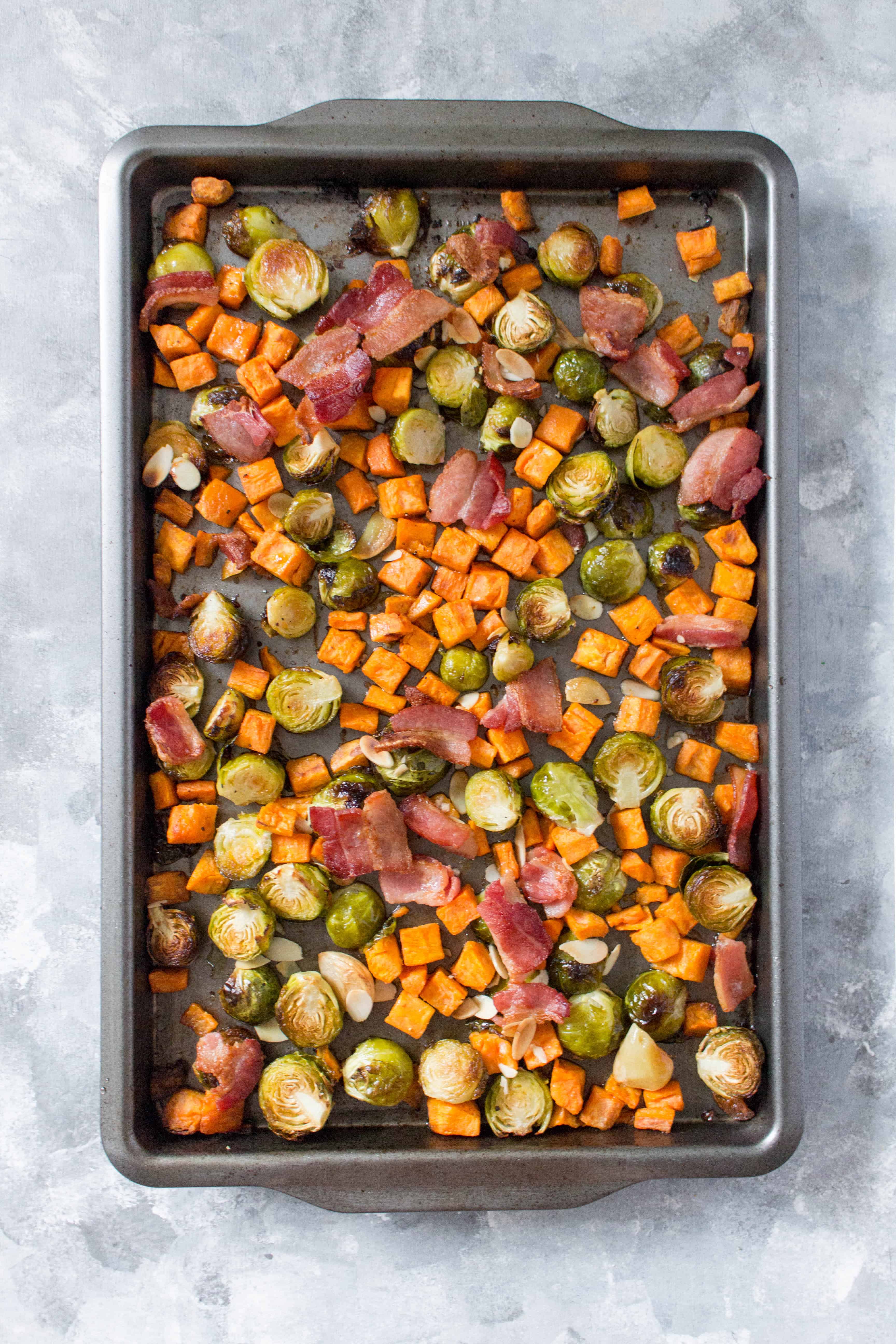 Roasted Brussels Sprouts with Sweet Potato, Bacon, and Almonds