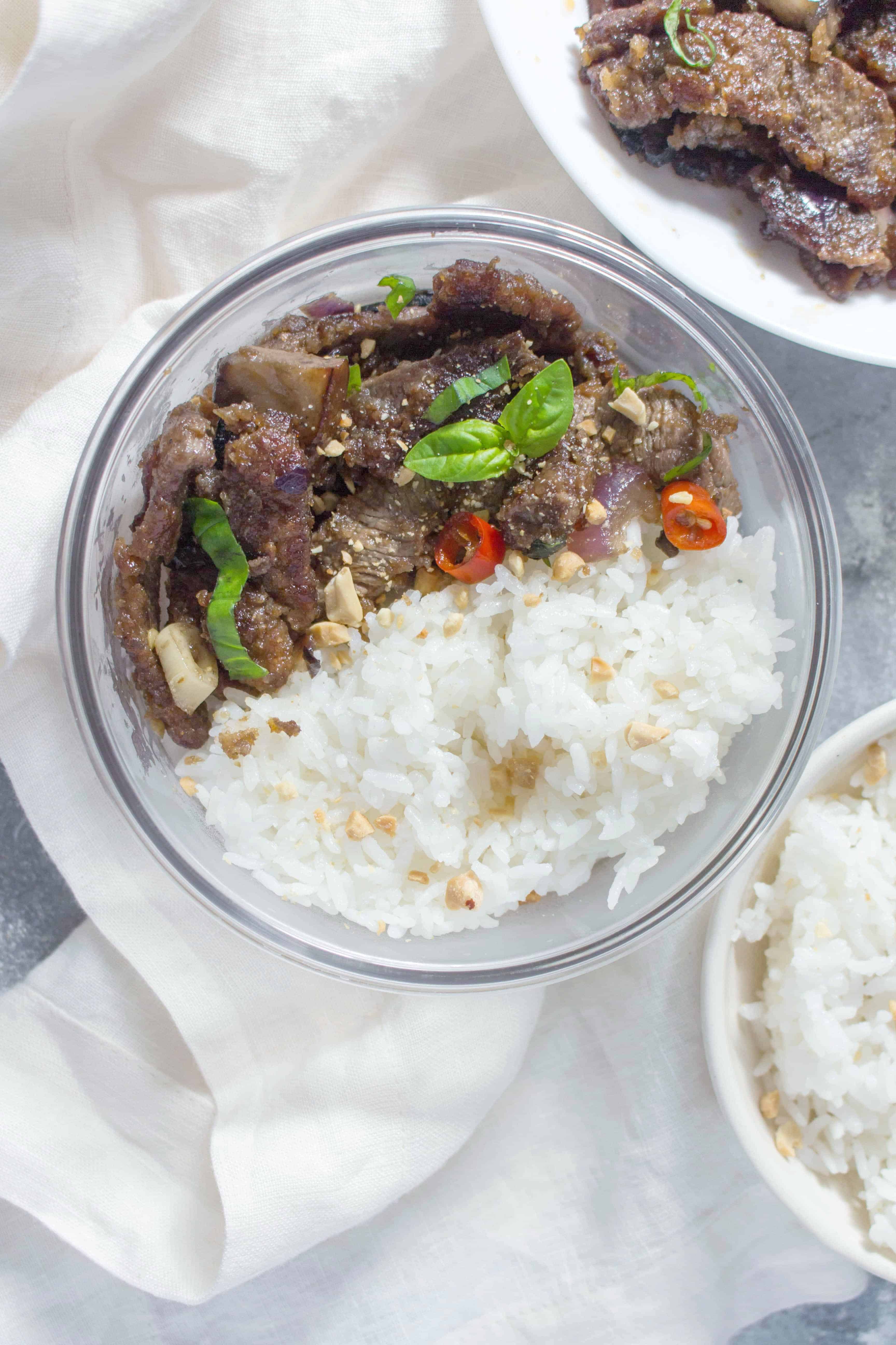 This easy thai beef stir fry meal prep takes less than 45 minutes to put together - perfect as a quick meal prep or a busy weeknight dinner.