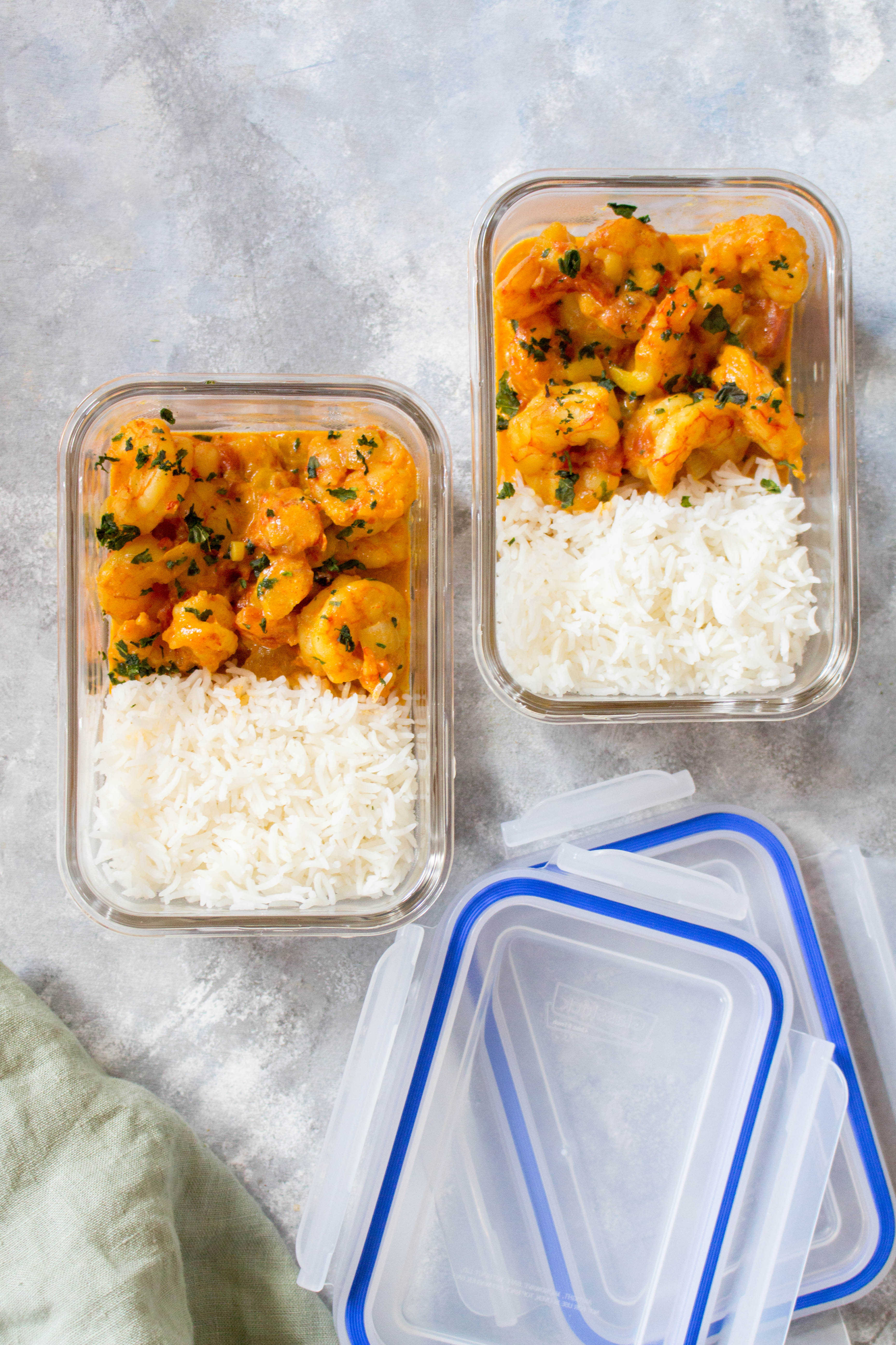 Made in under 30 minutes, this Curry Shrimp Meal Prep is so easy to make! These Wild Caught Argentinian Shrimp are coated with a delicious silky coconut curry that will have you reaching for seconds! It is perfect as a quick night dinner or as a meal prep. 