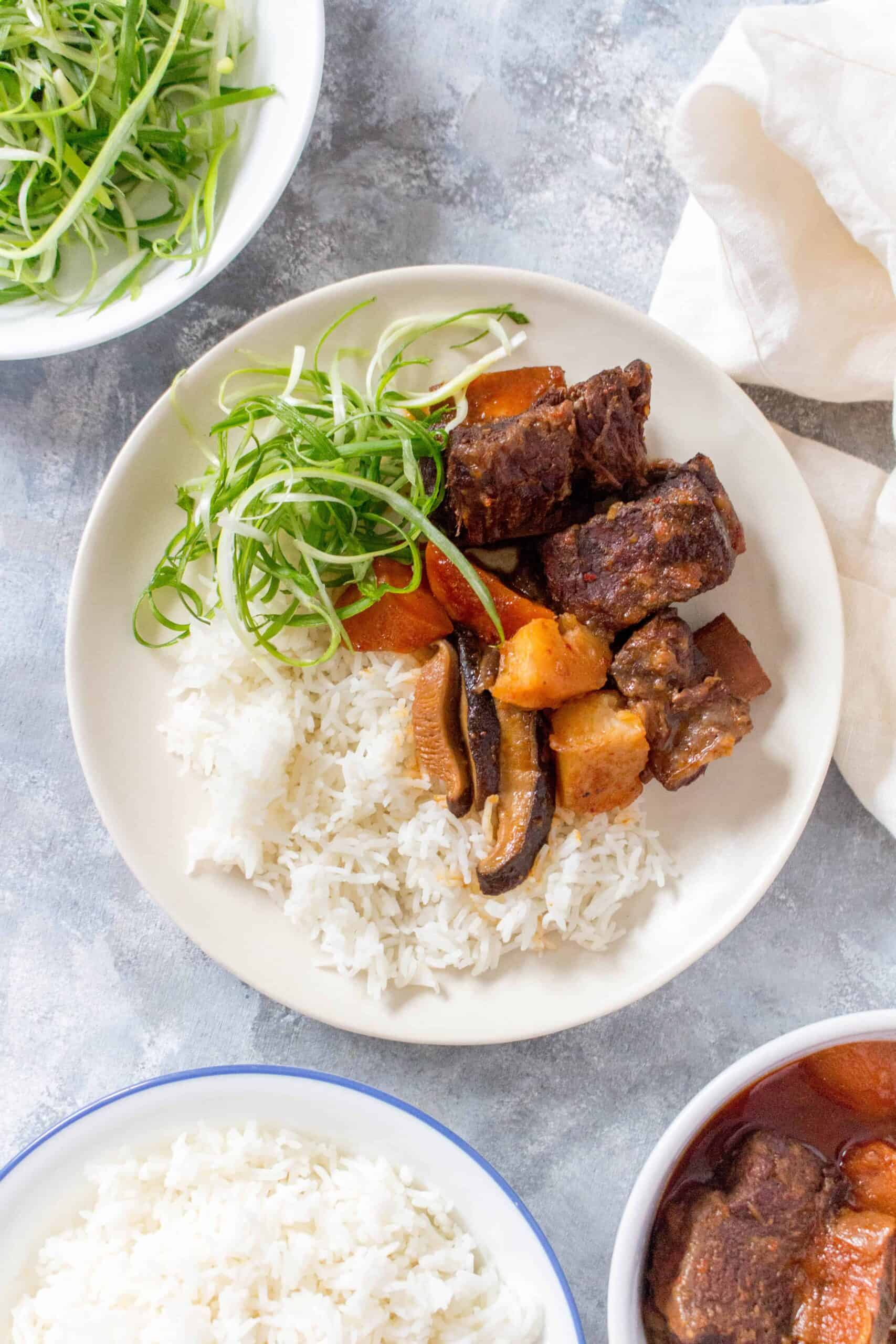 Overhead view of a plate of rice with Instant Pot Korean Short Ribs