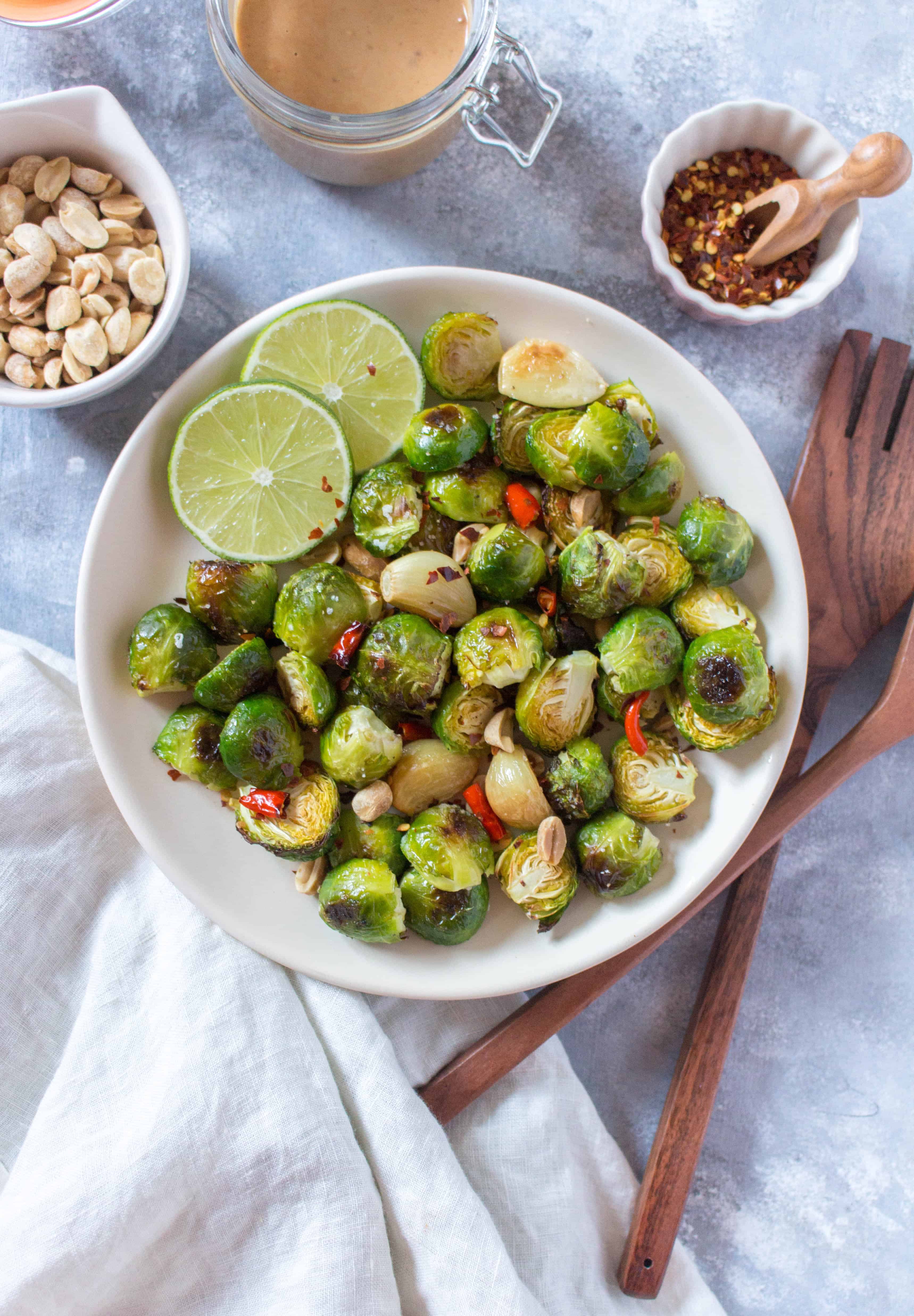 Looking to change up your regular ol' brussels sprouts? Mix things up with this Peanut Thai Chili Brussels Sprouts!
