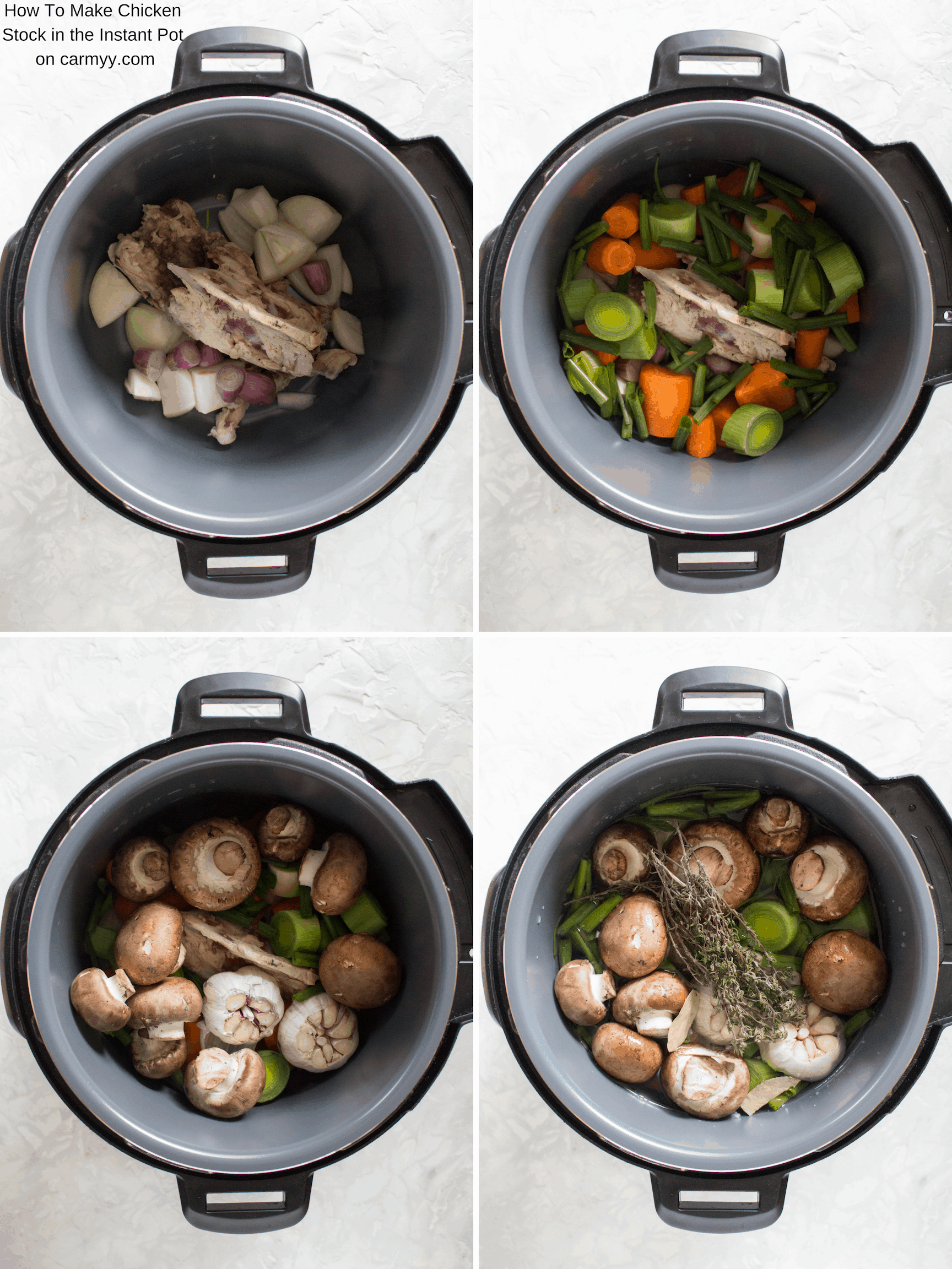 Step by step photo showing ingredients added to an Instant Pot to make chicken stock.