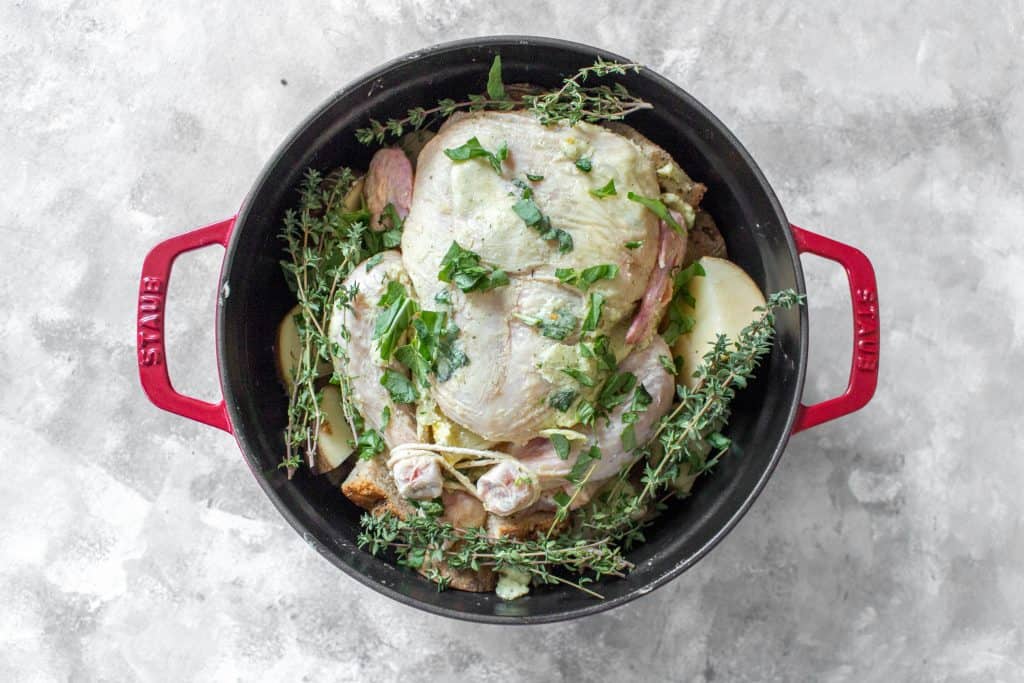 Garlic Herb Butter Roasted Chicken in a Dutch Oven (Dutch Oven Chicken)