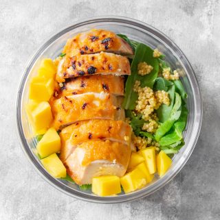 This easy Mango Chili Lime Chicken meal prep is coated with a sweet and spicy marinade. Delicious hot or cold.