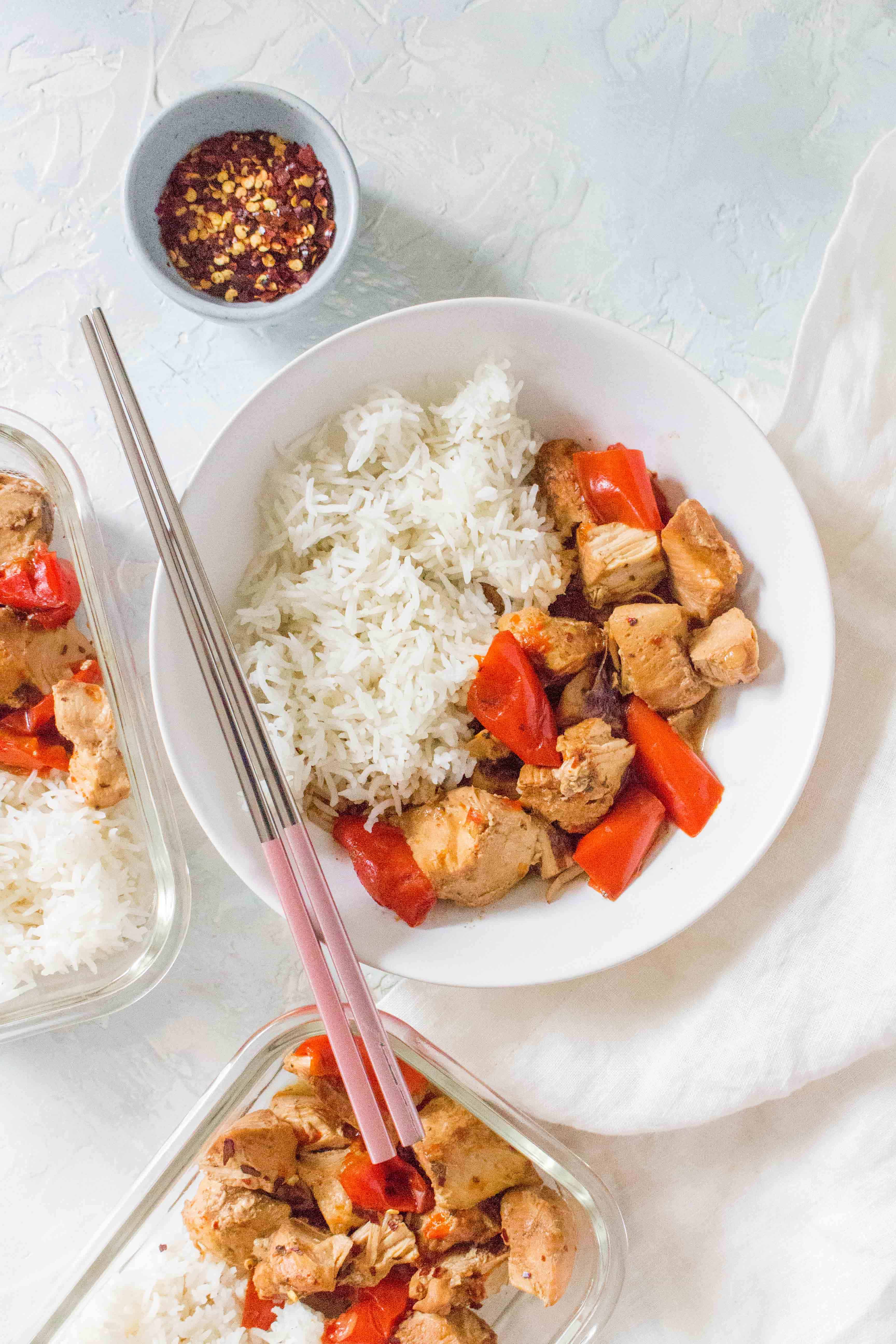 kung pao chicken and rice made in the Instant Pot - using pot in pot method