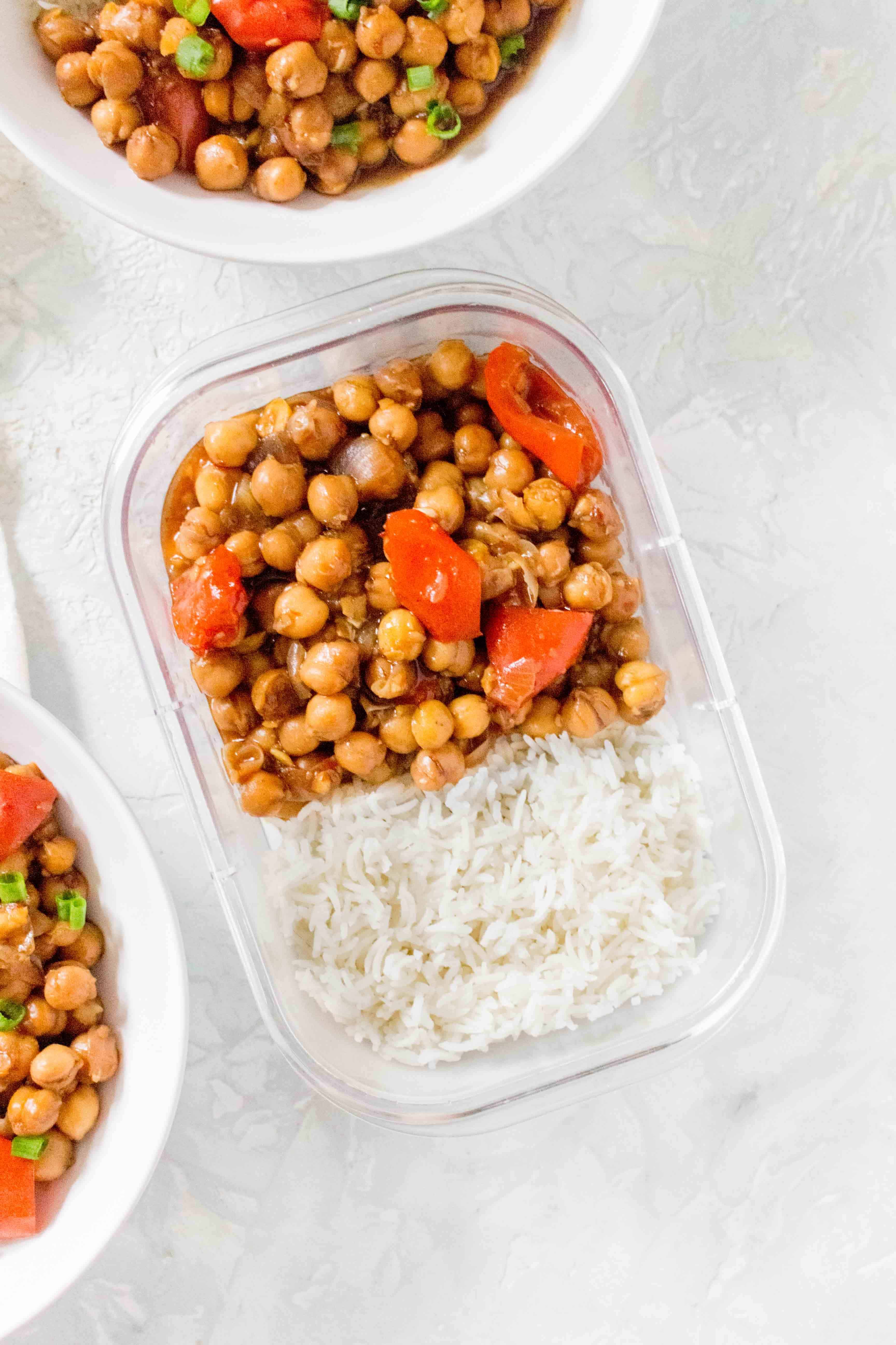 A meatless twist on a take out classic, this Instant Pot Kung Pao Chickpea recipe is the perfect combination of sweet, salty, and spicy! The rice is made pot in pot so everything cooks together.