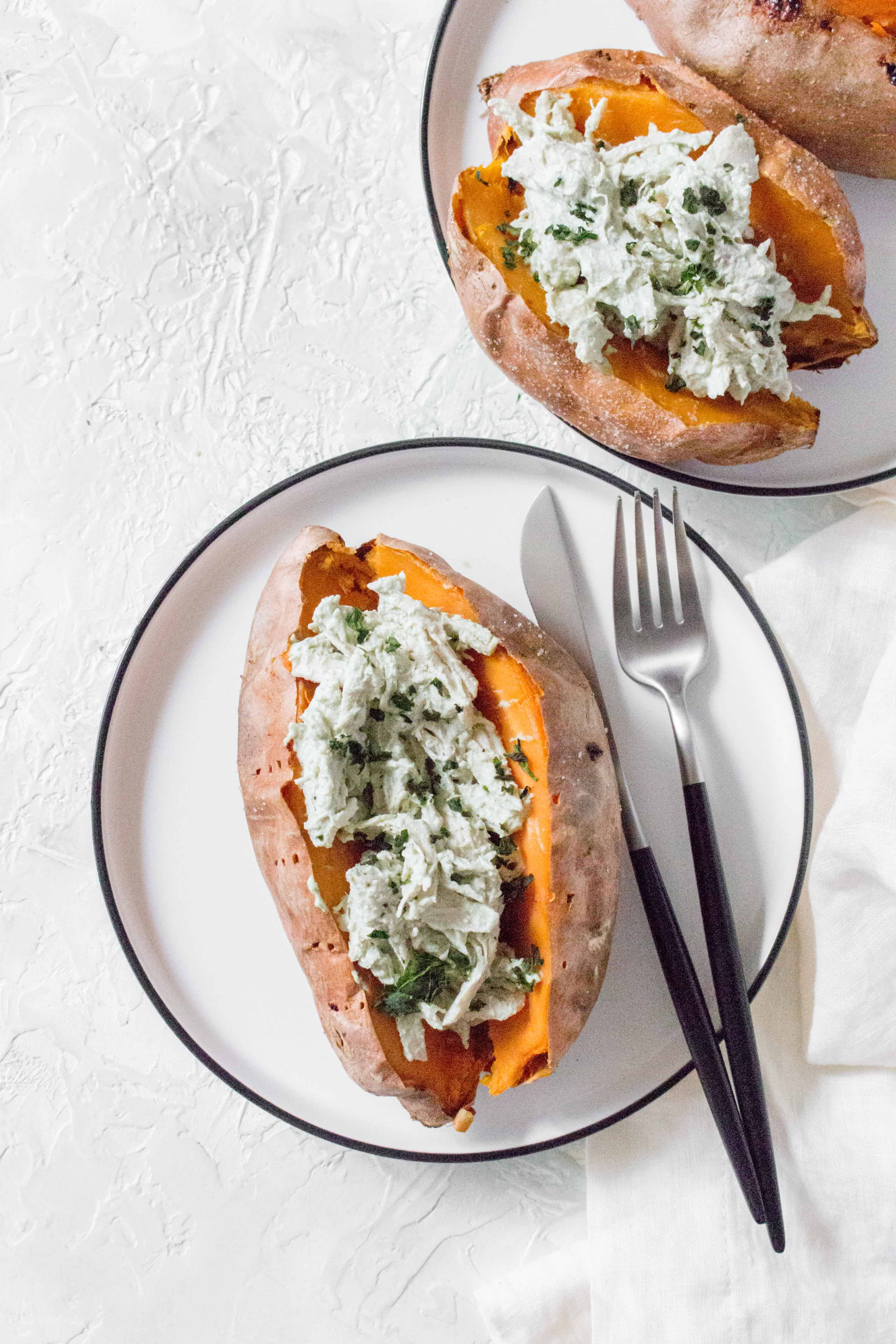 This Chicken Stuffed Sweet Potatoes are an easy and healthy weeknight dinner recipe the whole family will enjoy! Plus it can be easily turned into a meal prep for the week.