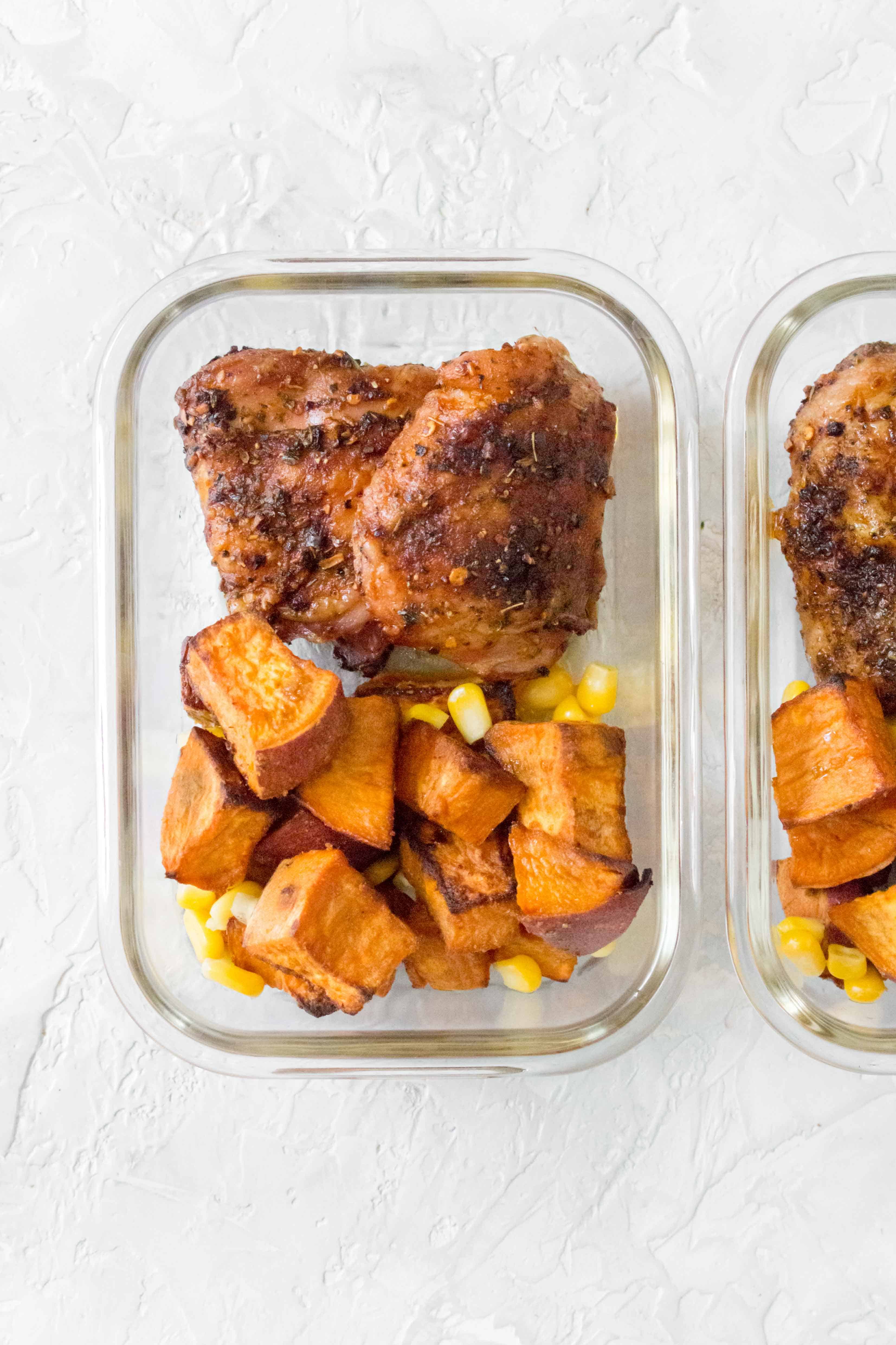 roasted cajun chicken thighs with sweet potato and corn meal prep