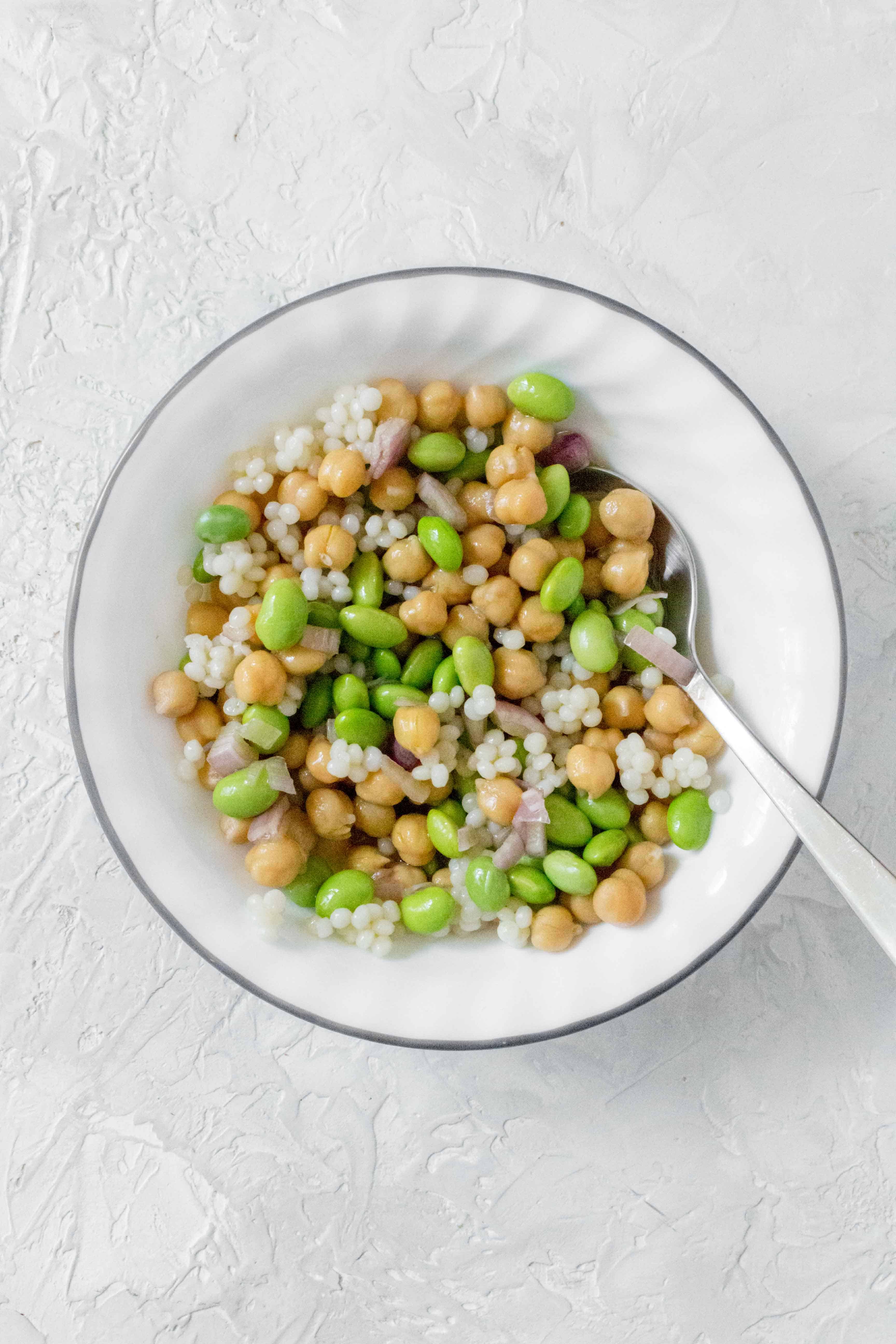 edamame, chickpeas, and couscous in dressing
