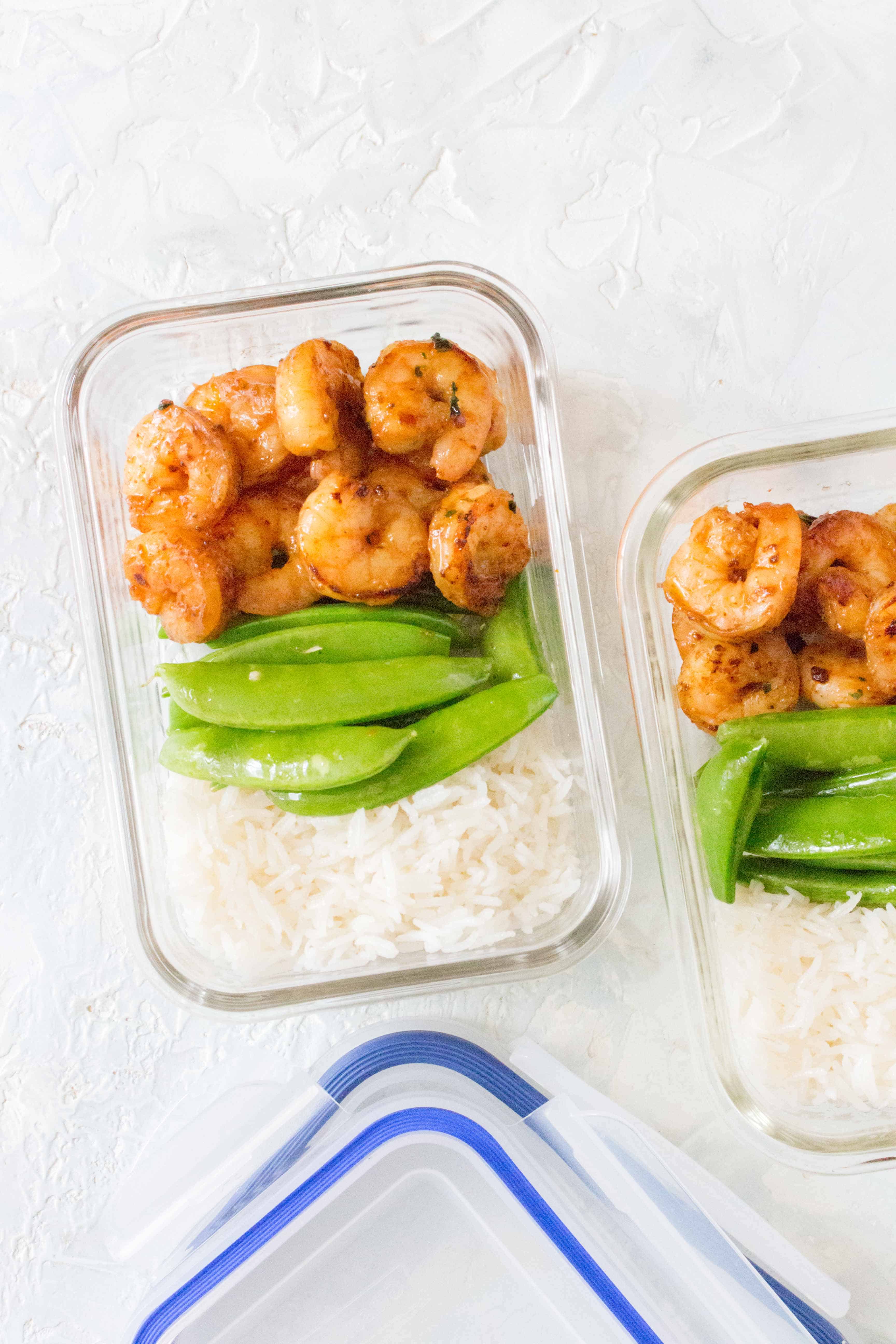 Honey Garlic Lime Shrimp in two meal prep containers.