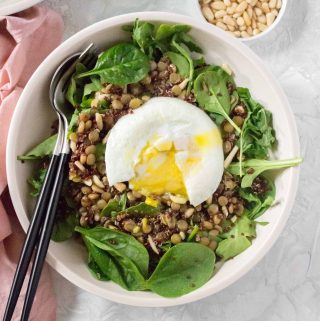 Rock your power hour with this protein packed grain bowl! Packed with healthy goodness and topped off with a poached egg that doubles as a silky dressing, this Protein Grain Bowl is quickly going to become your favourite!