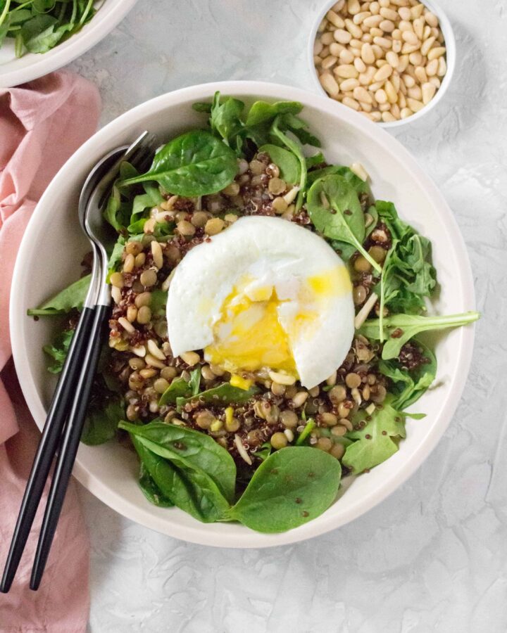 Rock your power hour with this protein packed grain bowl! Packed with healthy goodness and topped off with a poached egg that doubles as a silky dressing, this Protein Grain Bowl is quickly going to become your favourite!