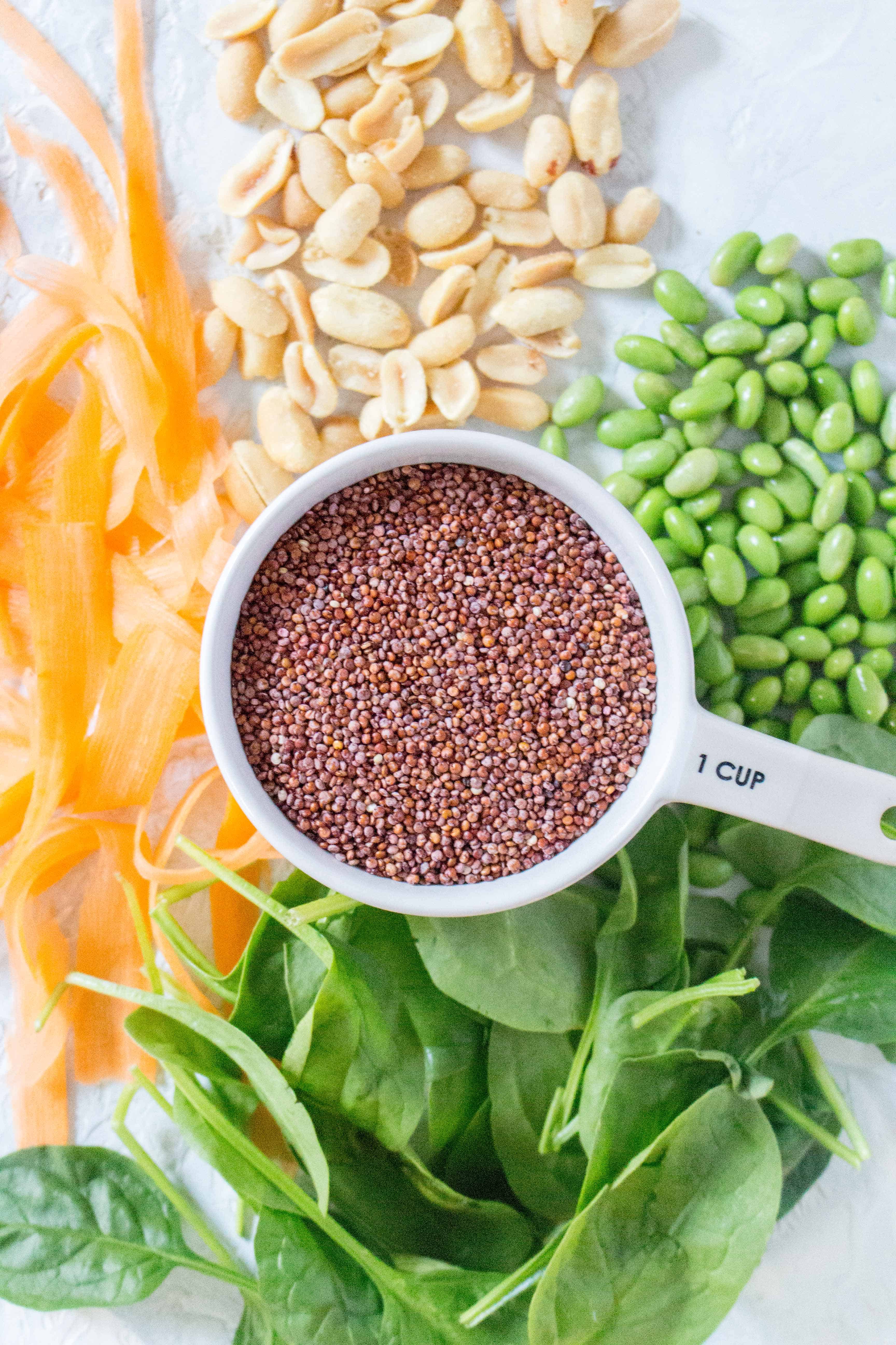 ingredients to make an easy quinoa salad with peanut dressing