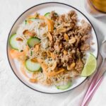 This Thai Inspired Peanut Noodle Salad with Pork is the perfect last minute dinner or as a meal prep. Coated with a yummy peanut sauce, this "salad" hits the spot!
