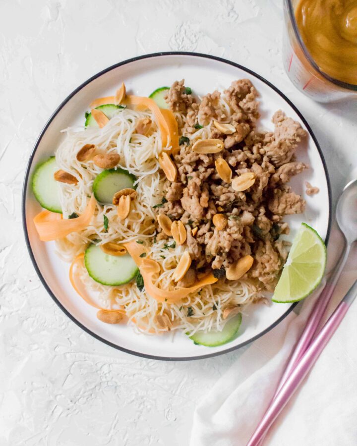 This Thai Inspired Peanut Noodle Salad with Pork is the perfect last minute dinner or as a meal prep. Coated with a yummy peanut sauce, this "salad" hits the spot!