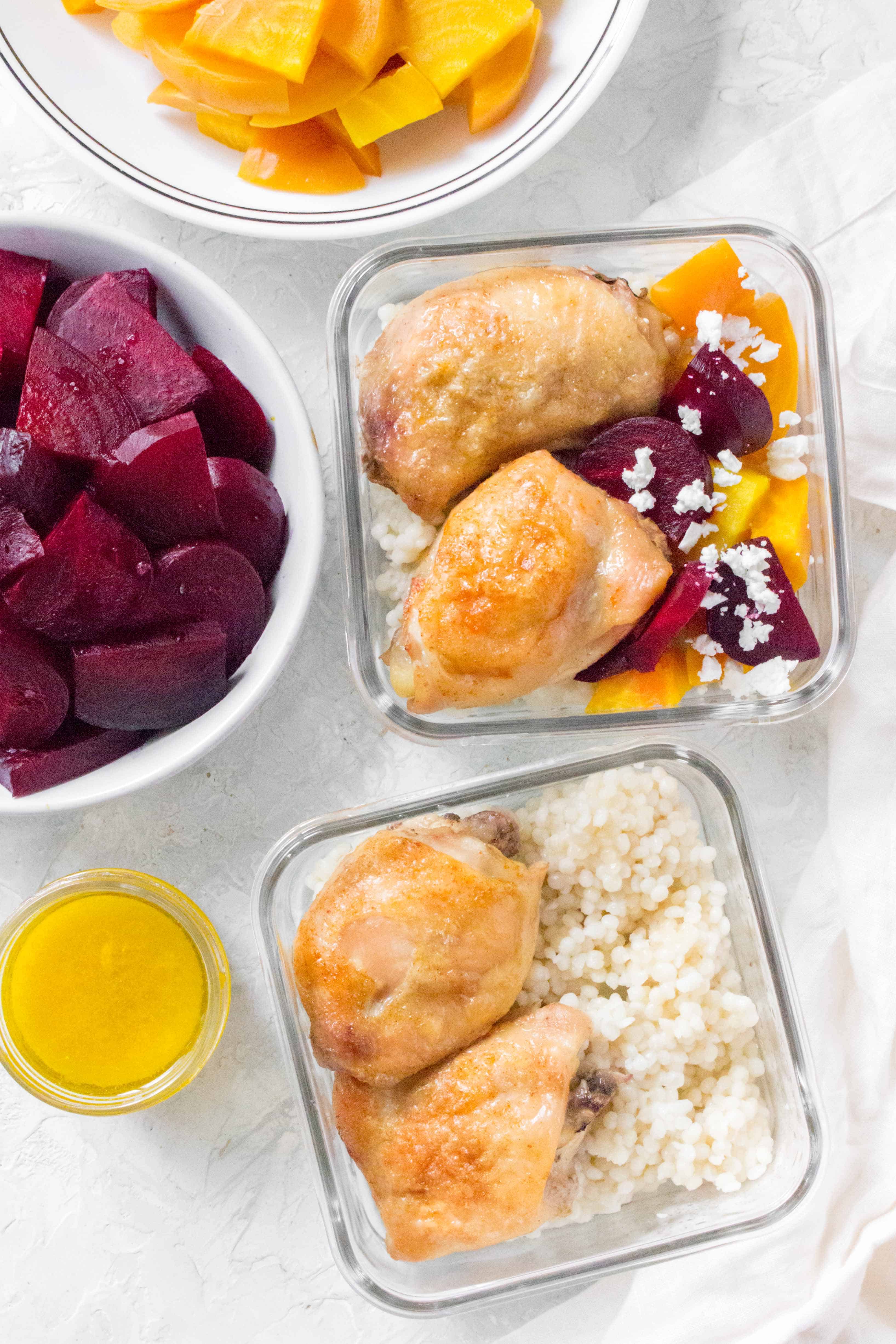 This Couscous, Beets, and Chicken Meal Prep is filling, healthy, and delicious! Make them ahead for four delicious lunches.