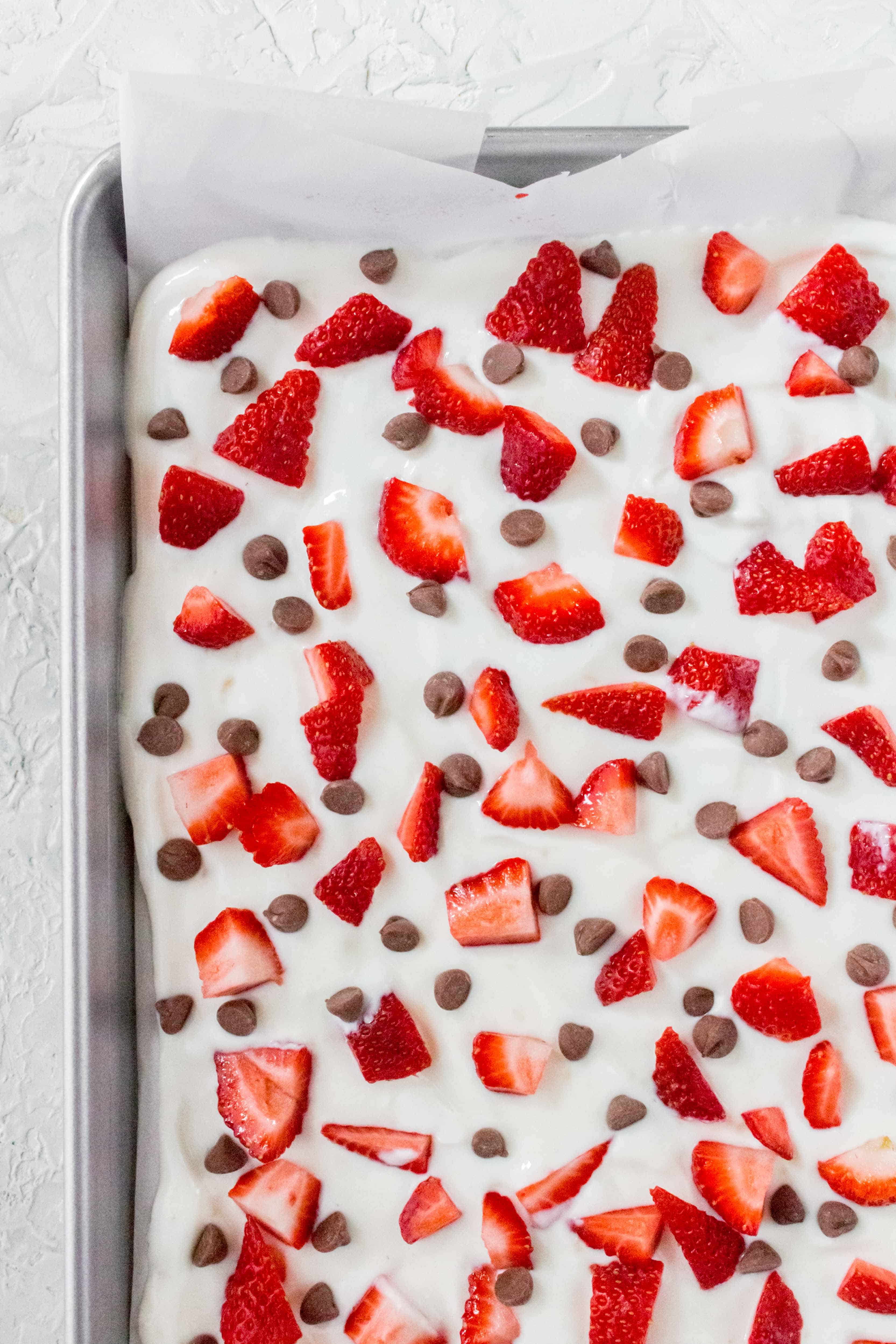 This Frozen Yogurt Bark with Strawberries and Chocolate Chips is the perfect make ahead snack! Healthy, fun to eat, and easy to make! 