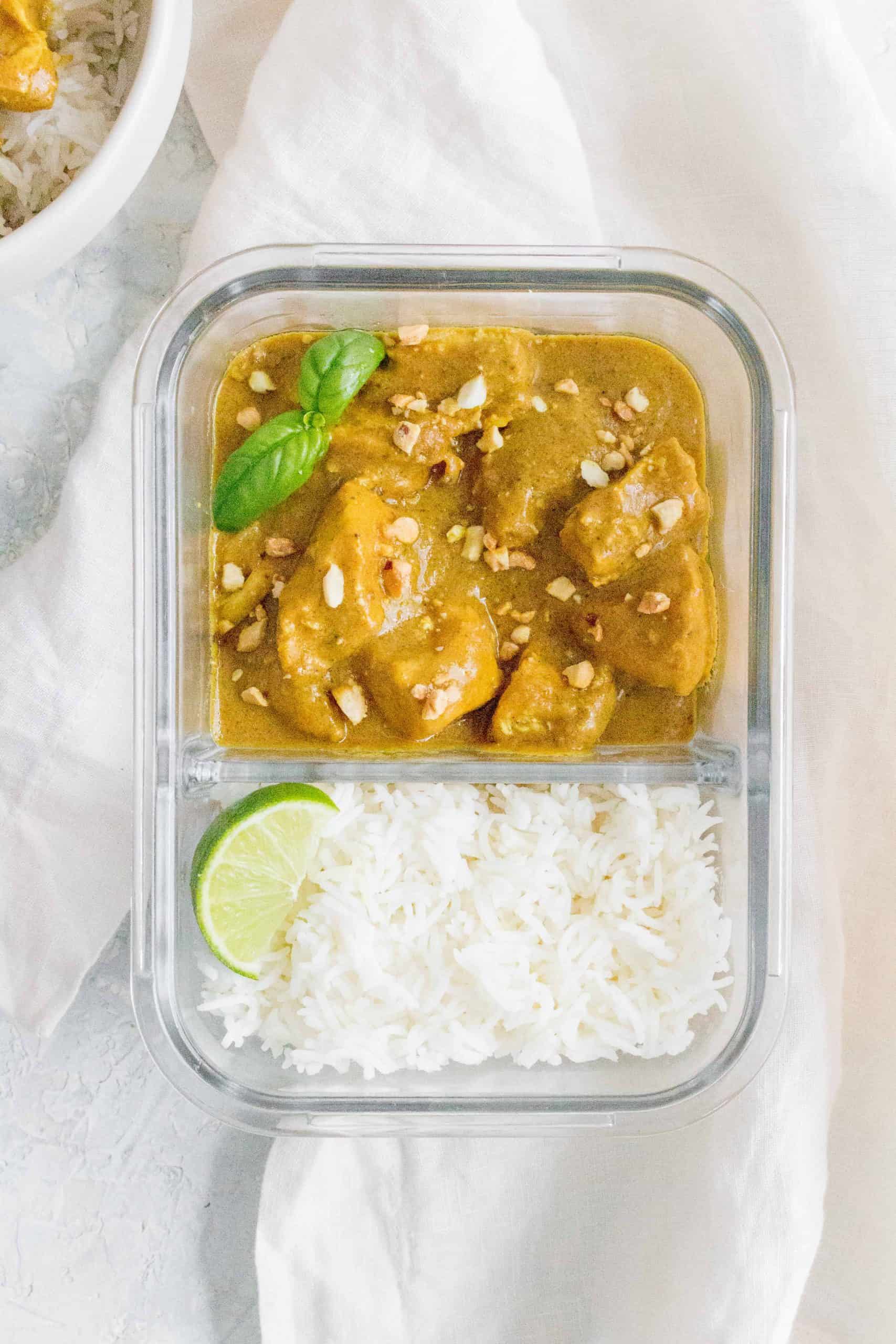 Instant Pot Chicken Satay in glass meal prep container